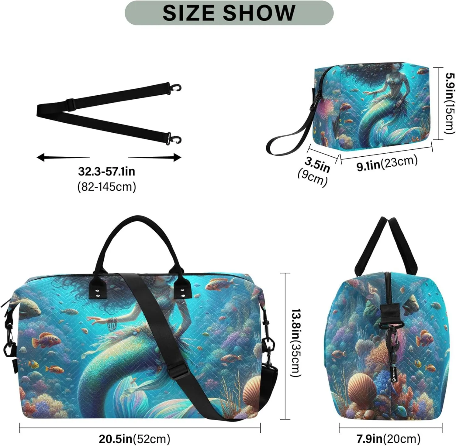 Fantasy Mermaid under Sea Travel Duffel Bags Toiletry Pouches Set of 2, Print Women Sports Bag Traveling Bag