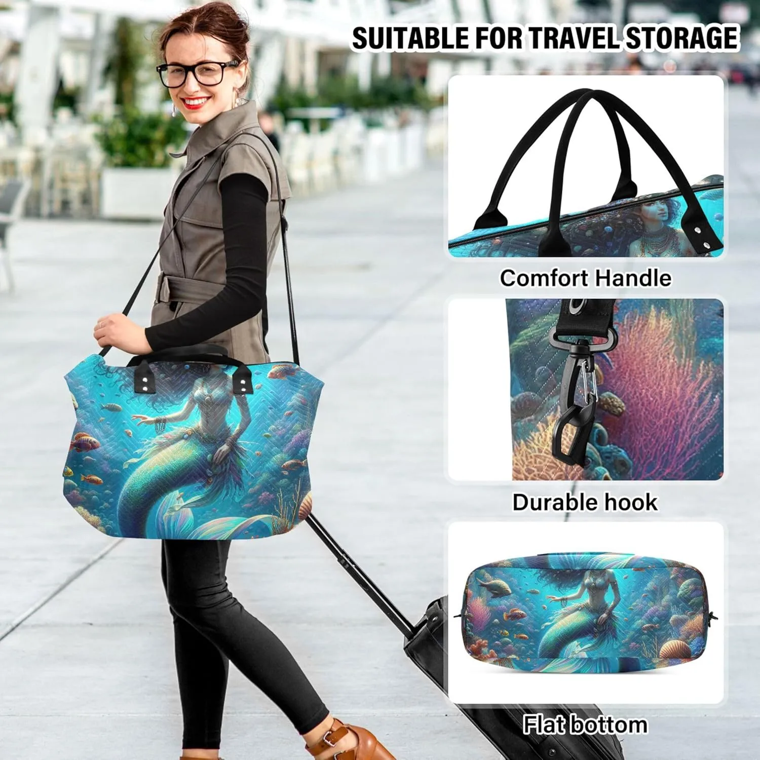 Fantasy Mermaid under Sea Travel Duffel Bags Toiletry Pouches Set of 2, Print Women Sports Bag Traveling Bag