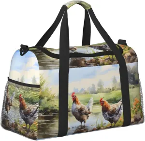 Farm Lake Hen Duffle Bag Foldable Travel Tote Bag Carry On Large Weekender Overnight Bags Waterproof Gym Bag For Women Men