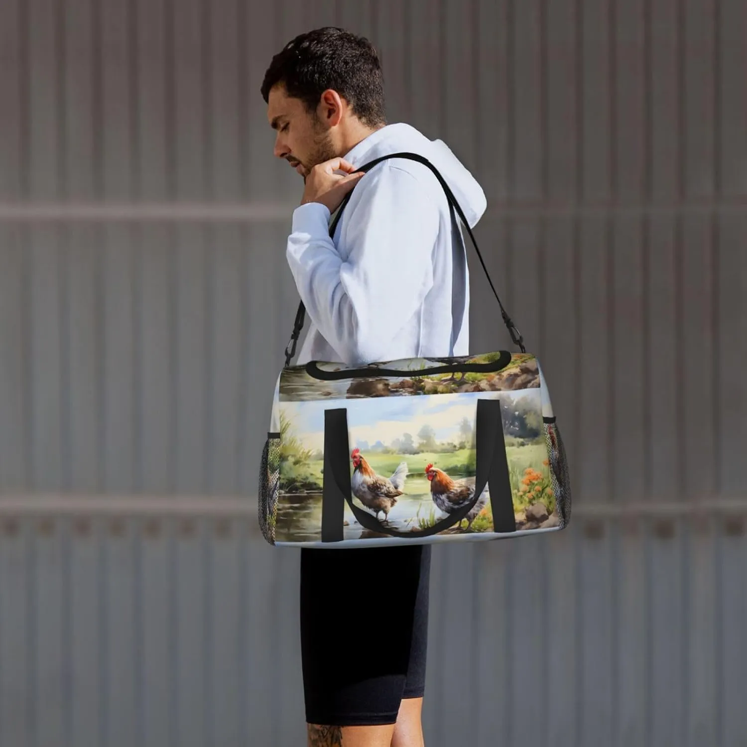 Farm Lake Hen Duffle Bag Foldable Travel Tote Bag Carry On Large Weekender Overnight Bags Waterproof Gym Bag For Women Men