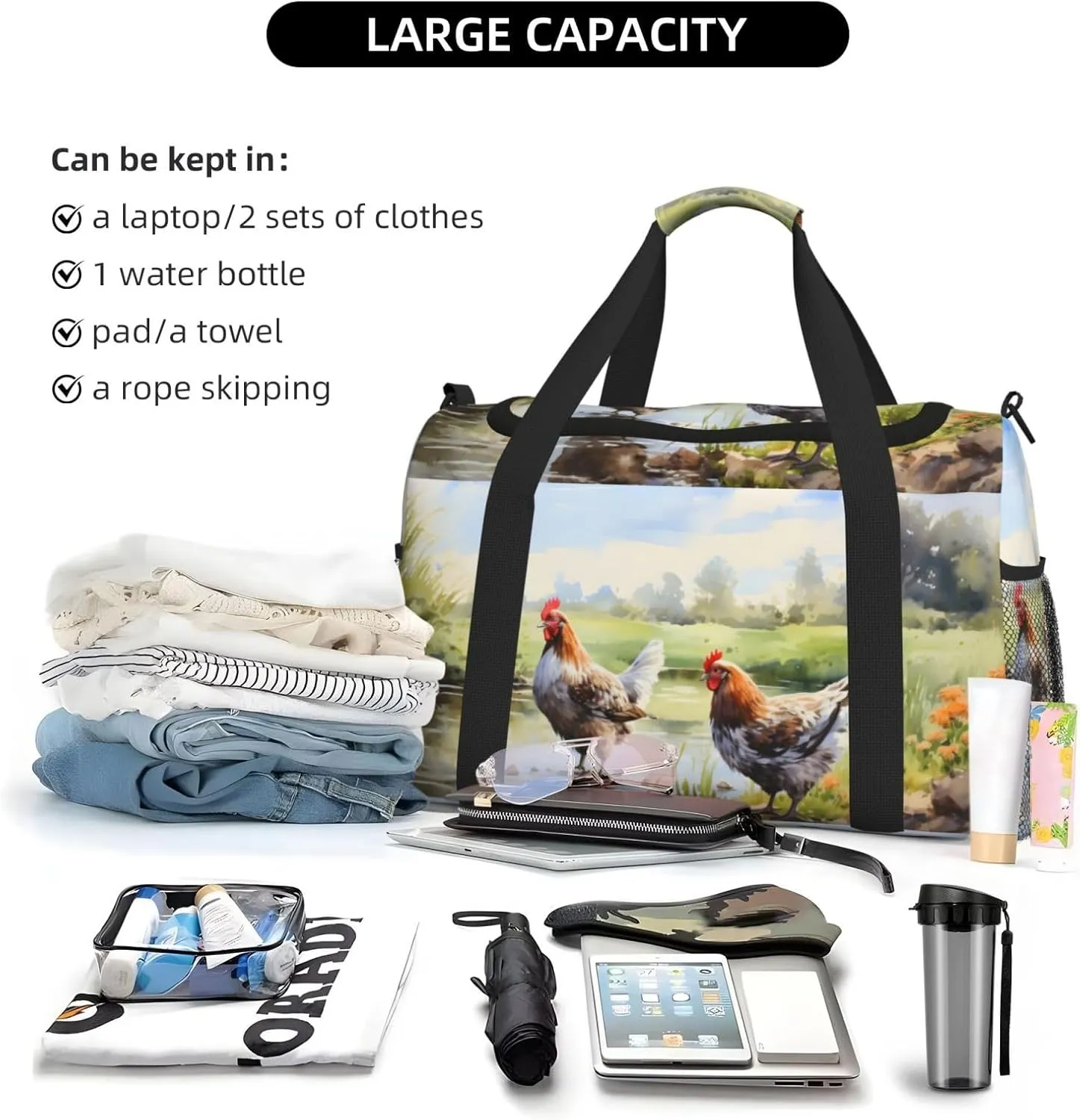Farm Lake Hen Duffle Bag Foldable Travel Tote Bag Carry On Large Weekender Overnight Bags Waterproof Gym Bag For Women Men