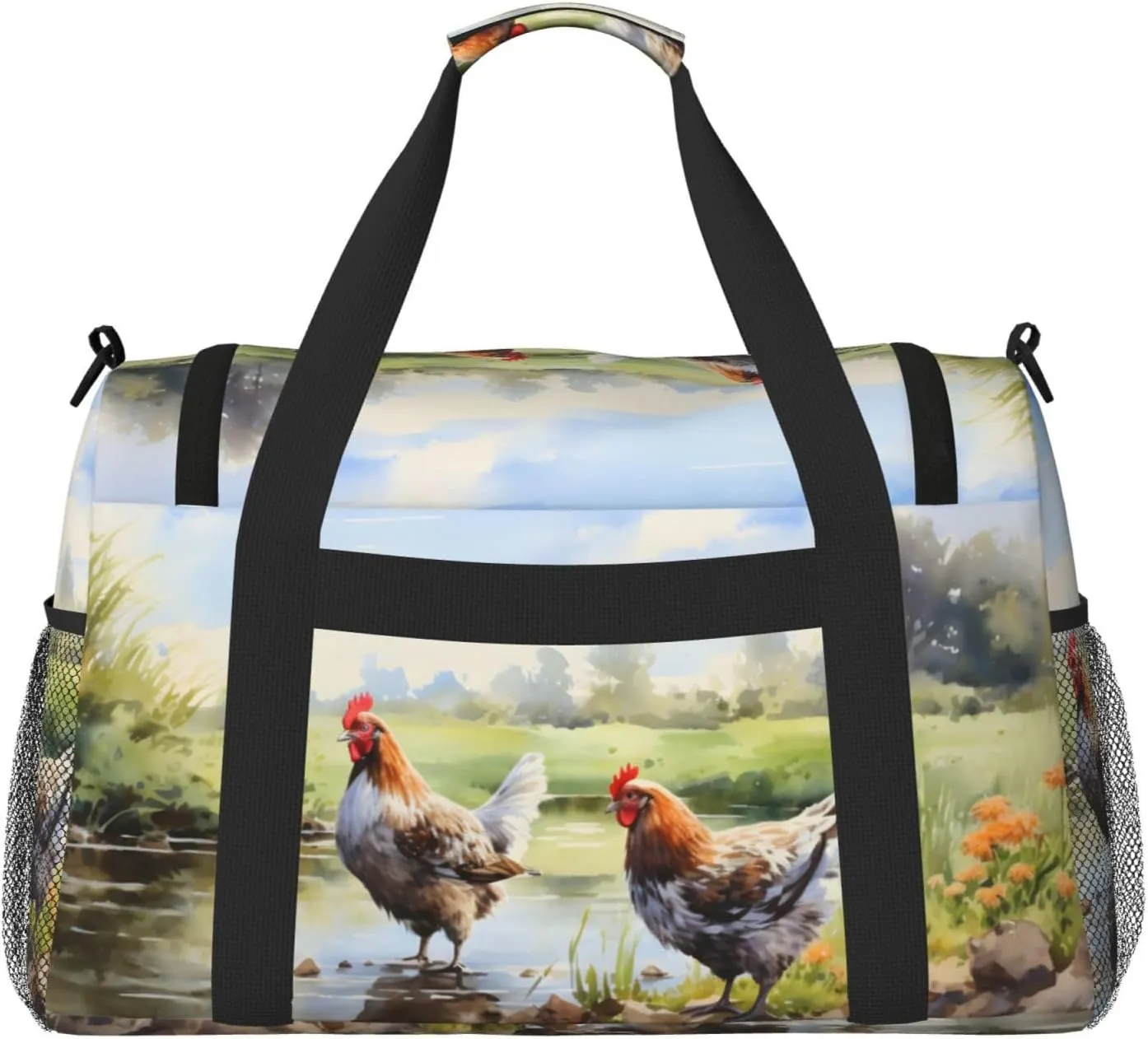 Farm Lake Hen Duffle Bag Foldable Travel Tote Bag Carry On Large Weekender Overnight Bags Waterproof Gym Bag For Women Men