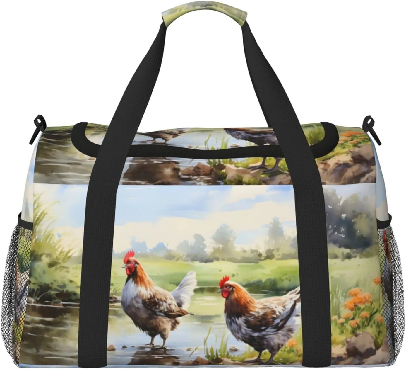 Farm Lake Hen Duffle Bag Foldable Travel Tote Bag Carry On Large Weekender Overnight Bags Waterproof Gym Bag For Women Men