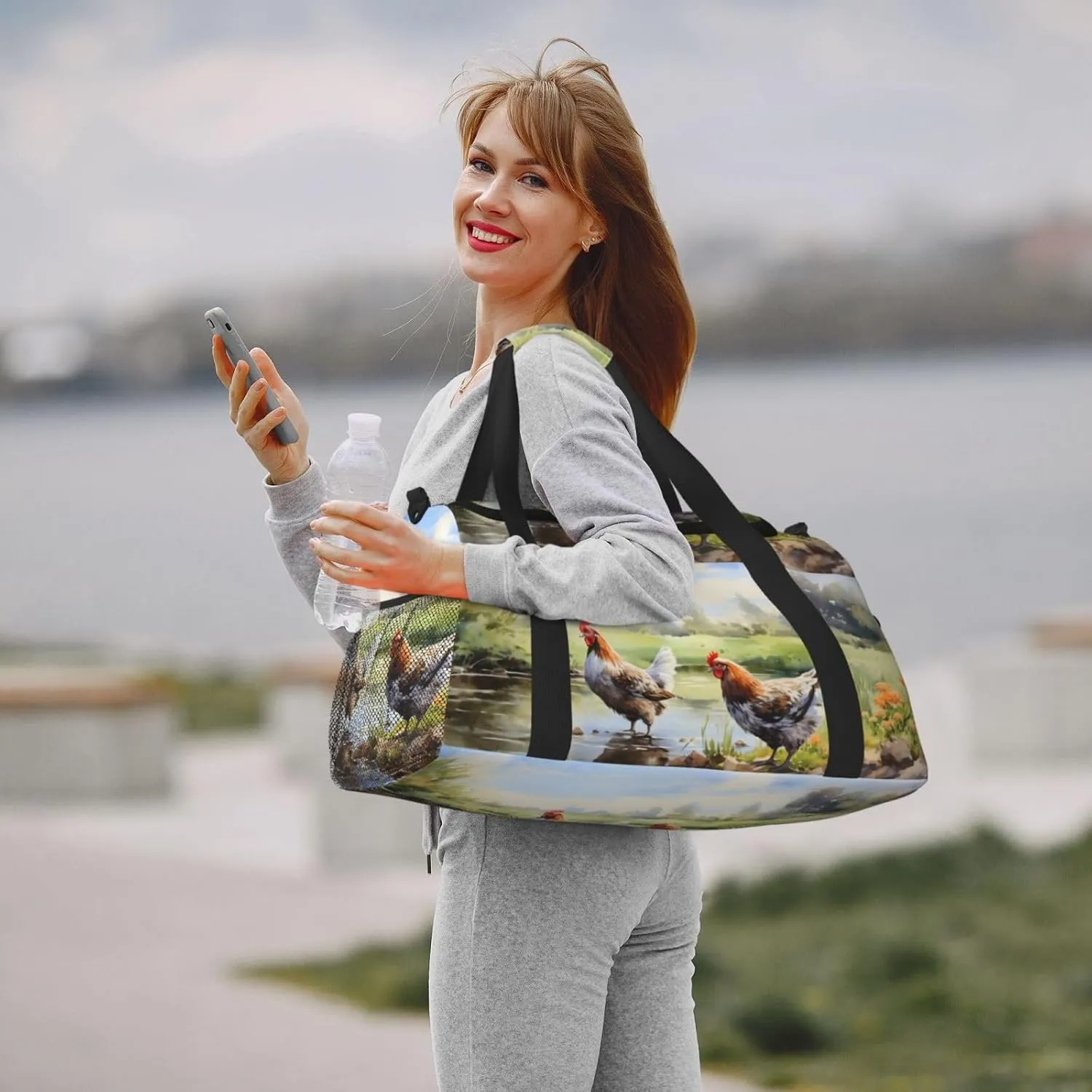 Farm Lake Hen Duffle Bag Foldable Travel Tote Bag Carry On Large Weekender Overnight Bags Waterproof Gym Bag For Women Men