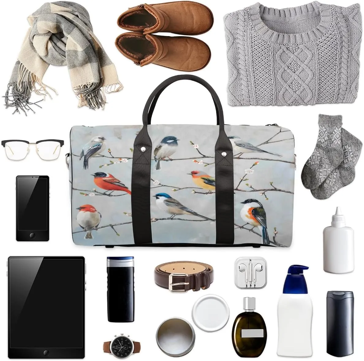 Farmhouse Bird Travel Duffle Bag, Sports Gym Bags for Women Men, Carry On Weekender Overnight Workout Airplane Trips Bag