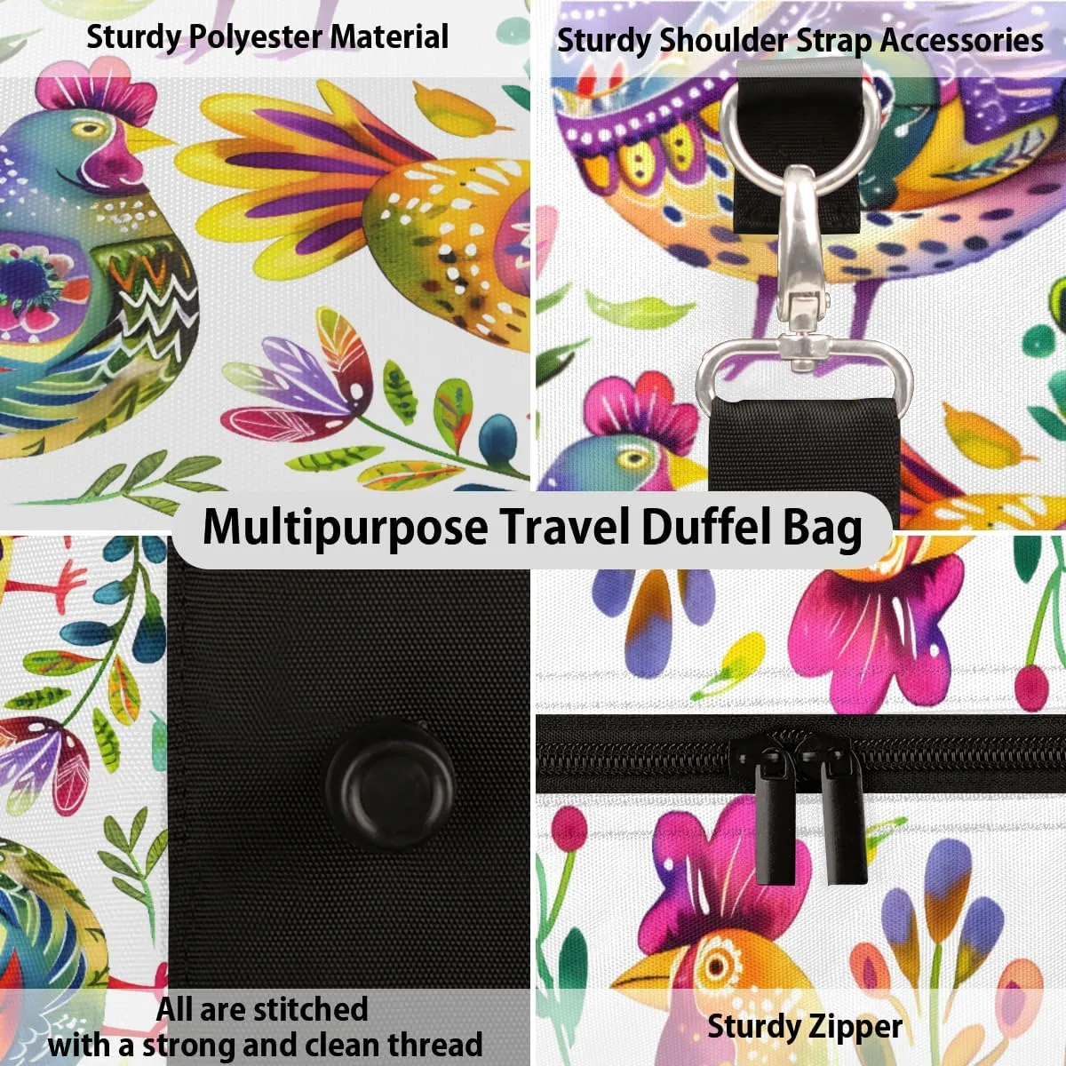 Farmhouse Chicken Rooster Travel Duffle Bag, Sports Gym Bags for Women Men, Carry On Weekender Overnight Workout Airplane Trips Bag