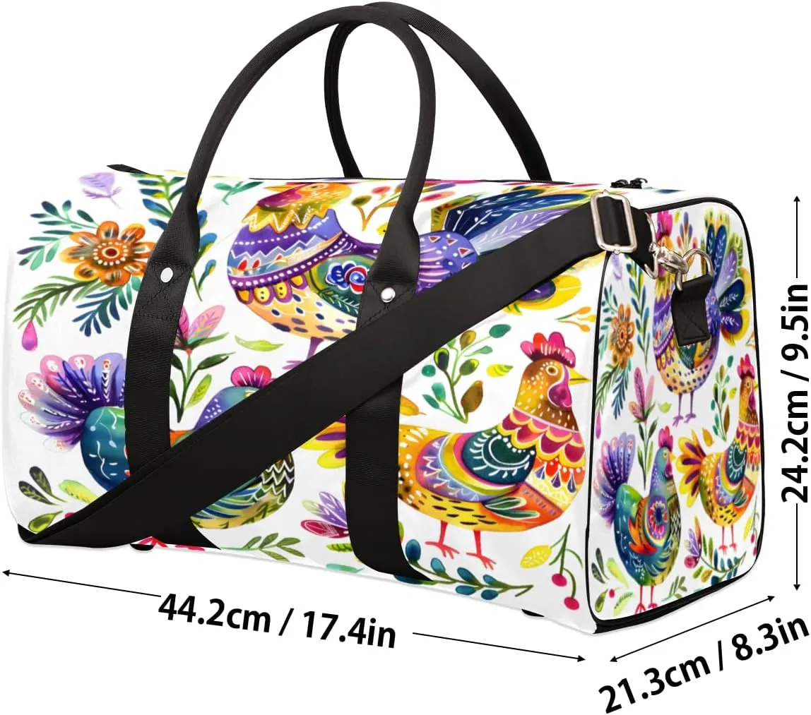 Farmhouse Chicken Rooster Travel Duffle Bag, Sports Gym Bags for Women Men, Carry On Weekender Overnight Workout Airplane Trips Bag