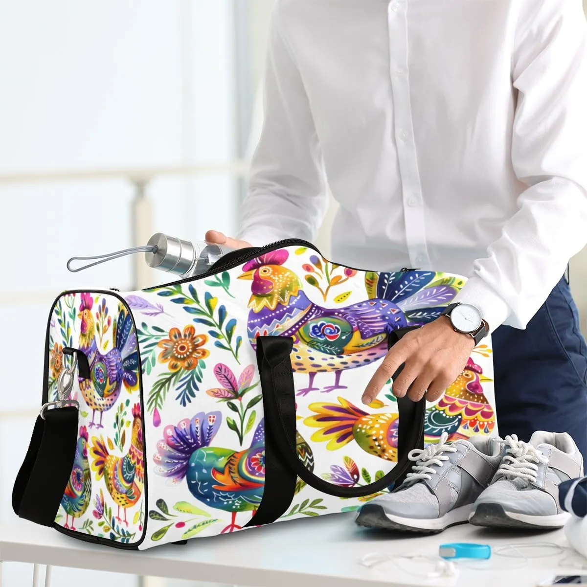 Farmhouse Chicken Rooster Travel Duffle Bag, Sports Gym Bags for Women Men, Carry On Weekender Overnight Workout Airplane Trips Bag