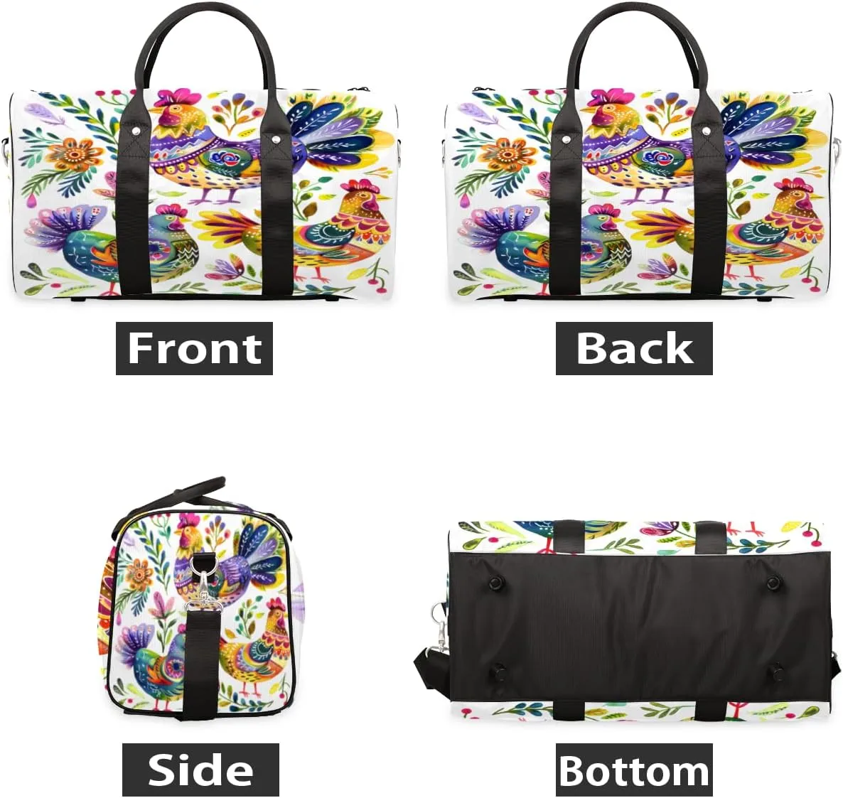 Farmhouse Chicken Rooster Travel Duffle Bag, Sports Gym Bags for Women Men, Carry On Weekender Overnight Workout Airplane Trips Bag