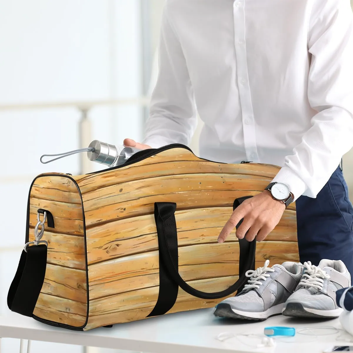 Farmhouse Country Wood Travel Duffle Bag, Sports Gym Bags for Women Men, Carry On Weekender Overnight Workout Airplane Trips Bag