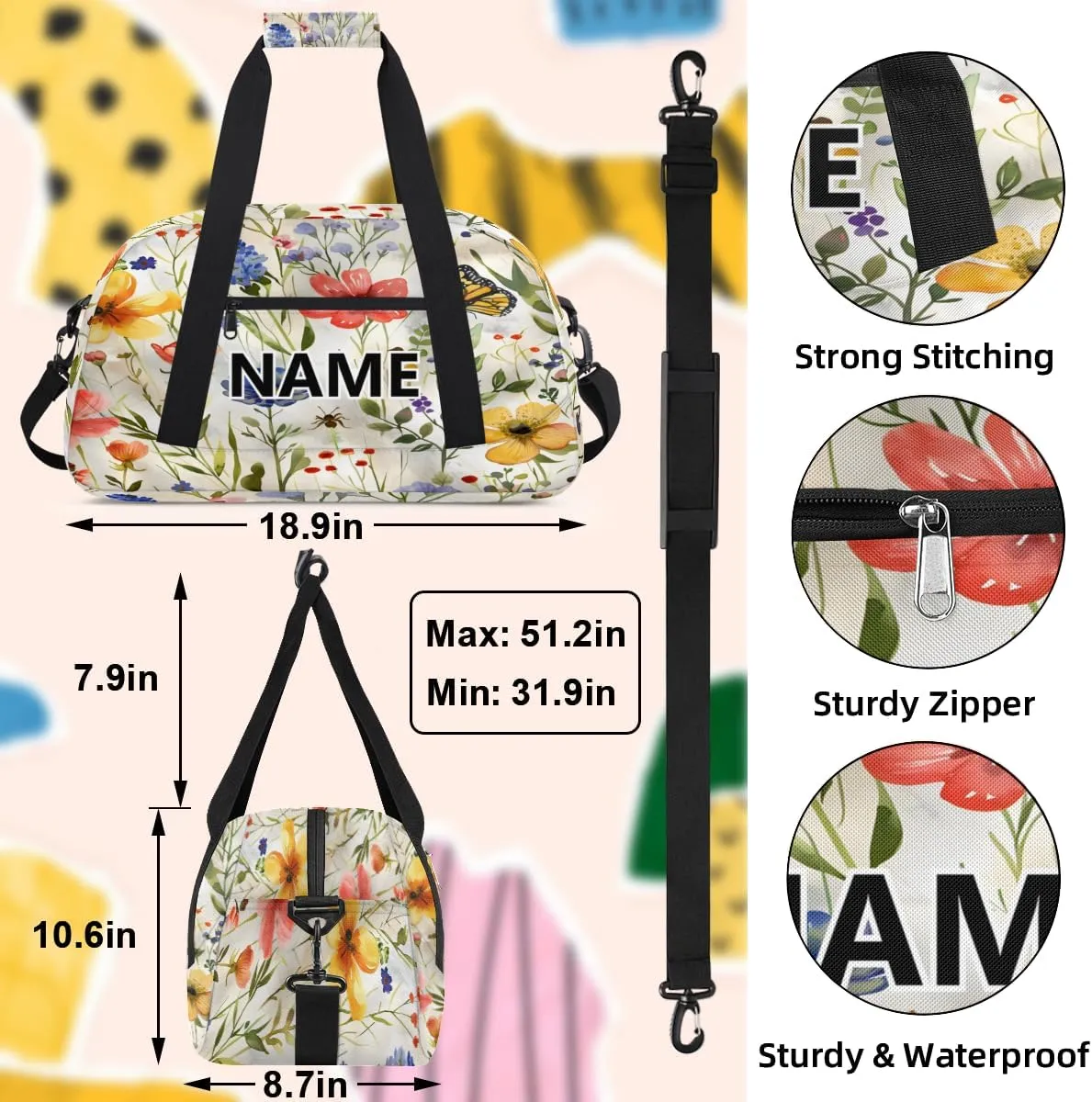 Farmhouse Floral Mini Gym Bag 18 inch for Women Men Waterproof Custom Retro Flowers Travel Duffel Bag Carry On Overnight Tote Nurse Bag for Work Fitness Hiking