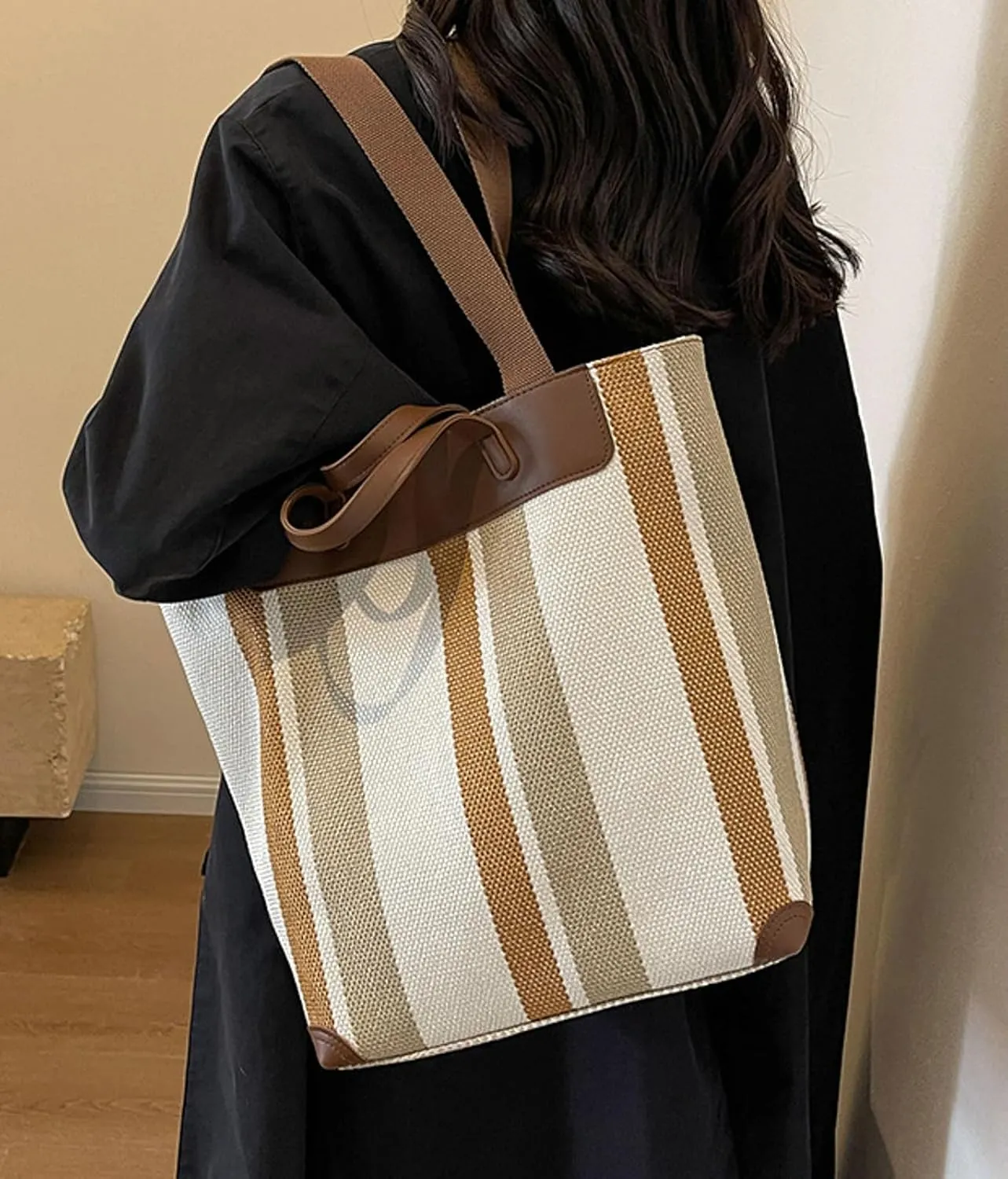 Fashion Canvas Tote Bag Women 2024 Large Capacity Handbag Casual College Striped Color Block Shoulder Bag