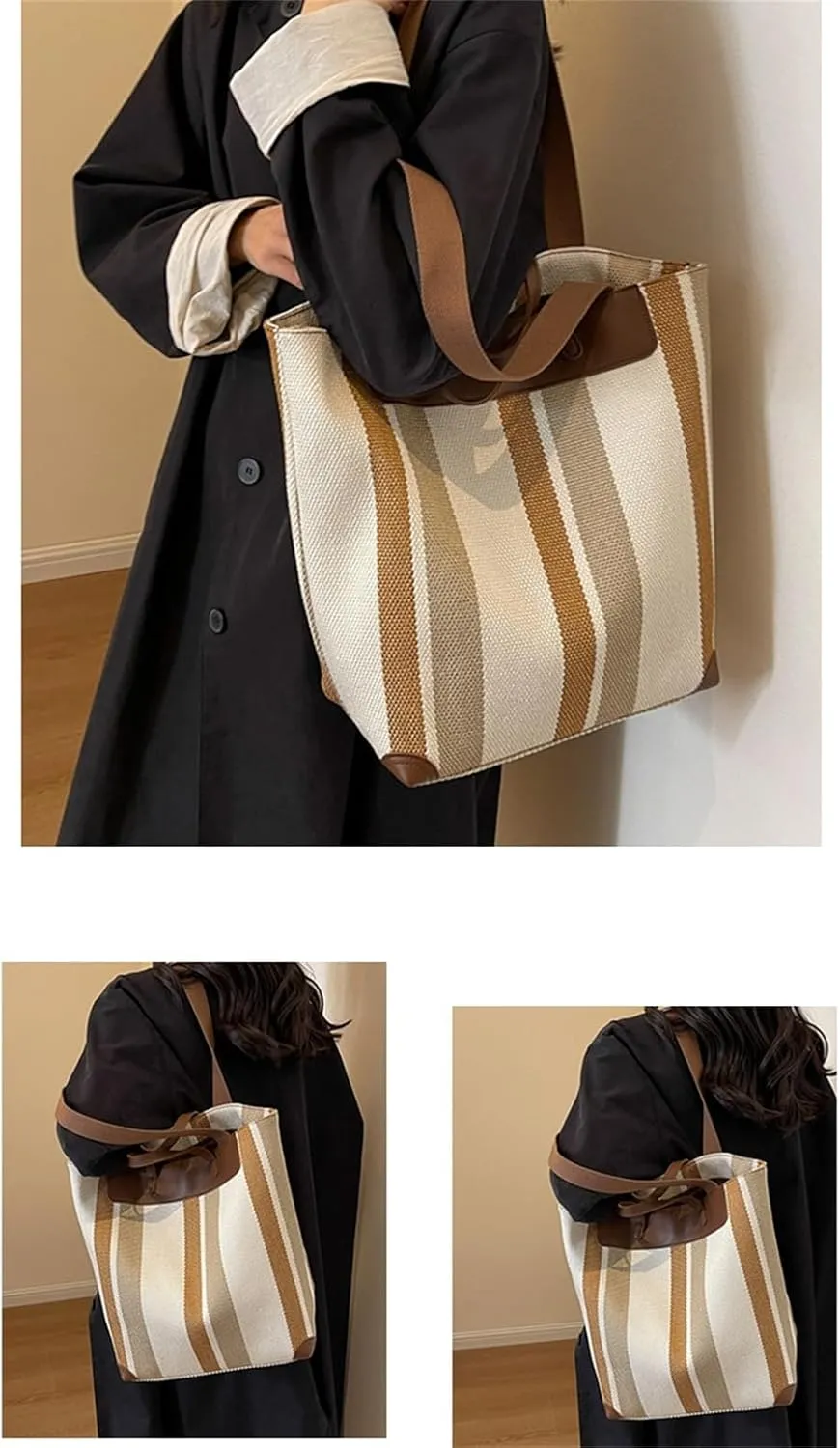 Fashion Canvas Tote Bag Women 2024 Large Capacity Handbag Casual College Striped Color Block Shoulder Bag