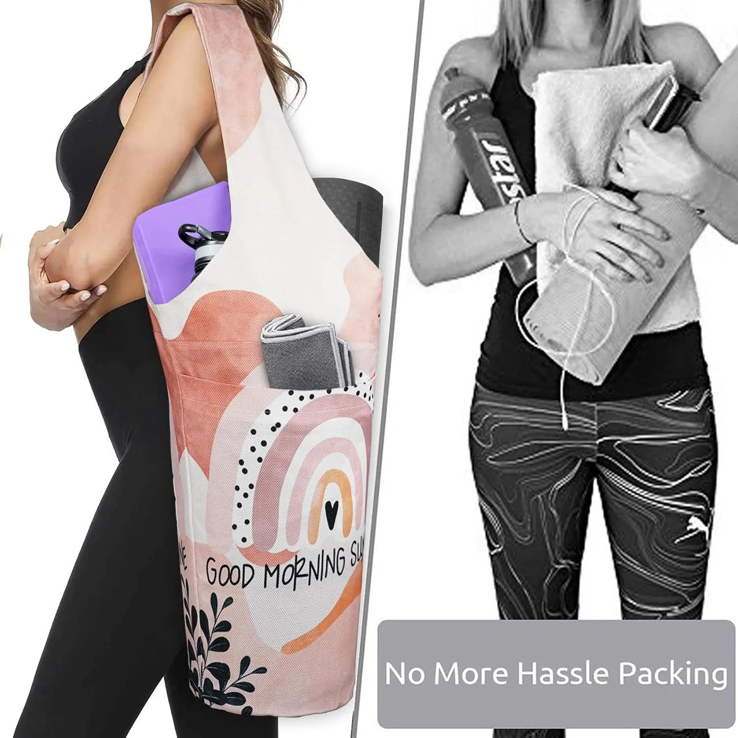 Fashion Printed Yoga Mat Bag with Large Side Pocket & Zipper Pocket Long Tote Yoga Bag Fit Most Size Mats - Holds More Yoga Accessories