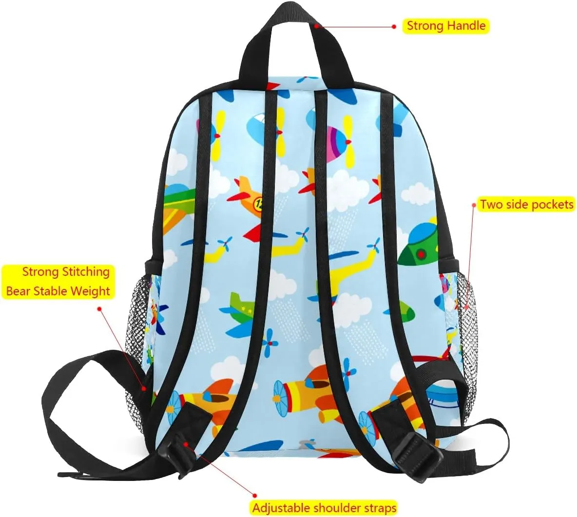 FCZ Cute Airplane Backpack for Boys & Girls, Lightweight Waterproof School Bag, 10 x 12 x 4 inches, Perfect for Daycare, Preschool, Kindergarten, Hiking & Travel