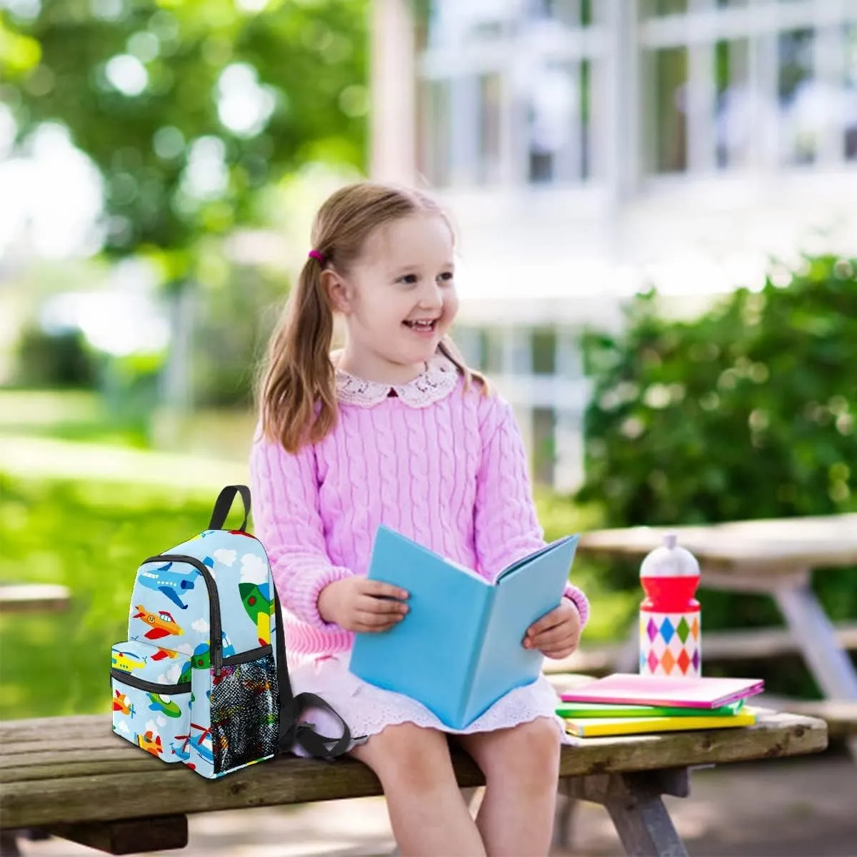 FCZ Cute Airplane Backpack for Boys & Girls, Lightweight Waterproof School Bag, 10 x 12 x 4 inches, Perfect for Daycare, Preschool, Kindergarten, Hiking & Travel