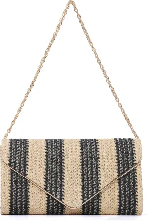 Fecialy Straw Striped Clutch Purses for Women Woven Envelope Handbag Straw Summer Beach Shoulder Bags Wallet