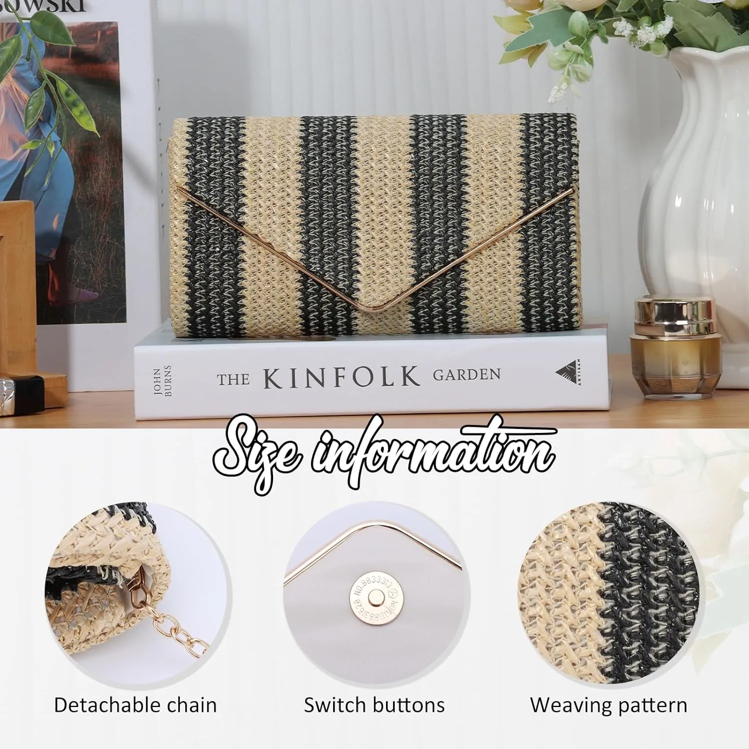 Fecialy Straw Striped Clutch Purses for Women Woven Envelope Handbag Straw Summer Beach Shoulder Bags Wallet