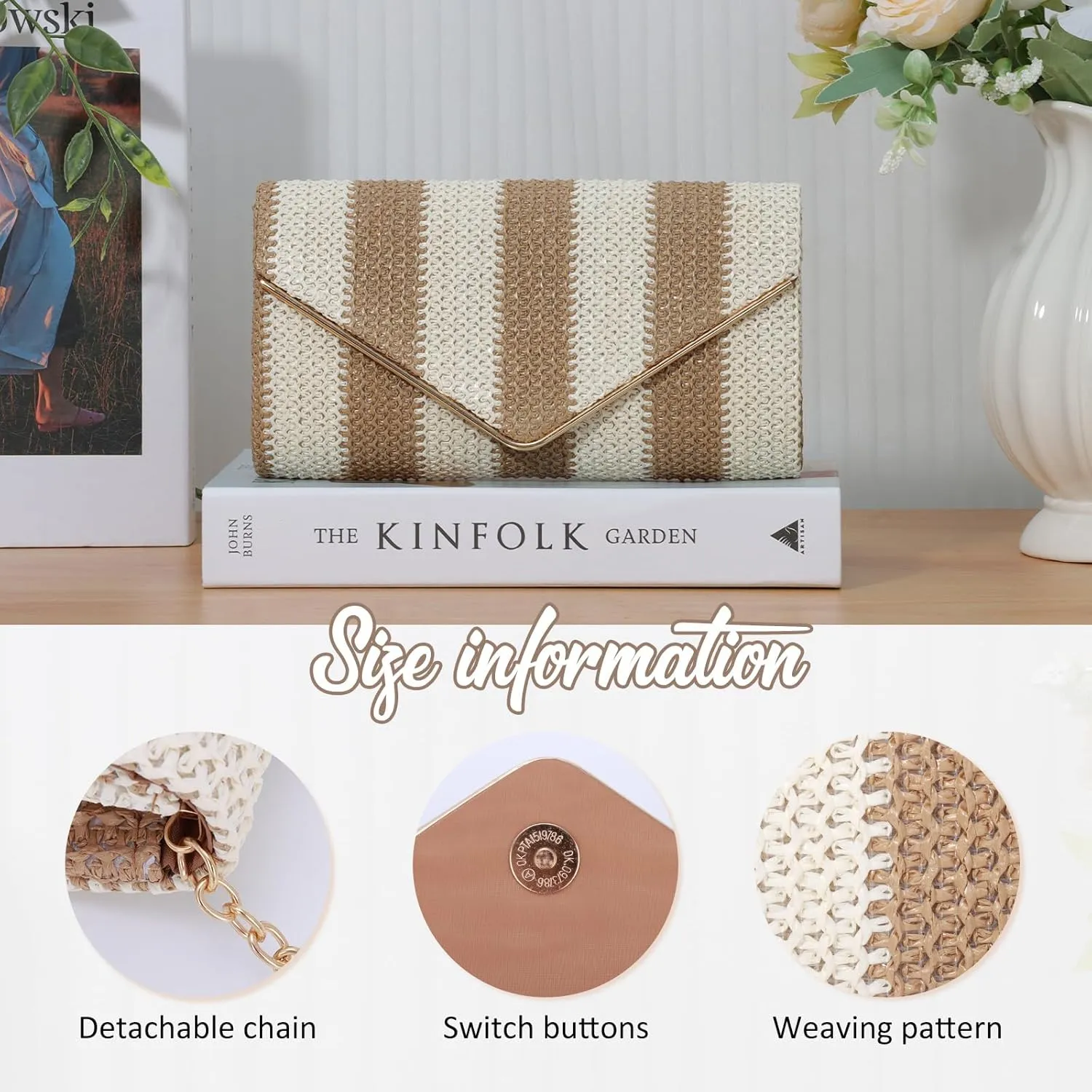 Fecialy Straw Striped Clutch Purses for Women Woven Envelope Handbag Straw Summer Beach Shoulder Bags Wallet