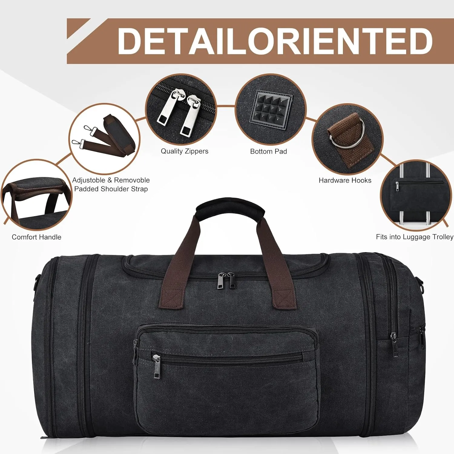 Felipe Varela Duffle Bag for Men, Canvas Expandable Duffel Bag for Travel, Mens Carry On Luggage Bag Traveling Weekender Gym Overnight Duffel Bags for Airplanes, Black