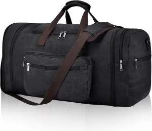 Felipe Varela Duffle Bag for Men, Canvas Expandable Duffel Bag for Travel, Mens Carry On Luggage Bag Traveling Weekender Gym Overnight Duffel Bags for Airplanes, Black