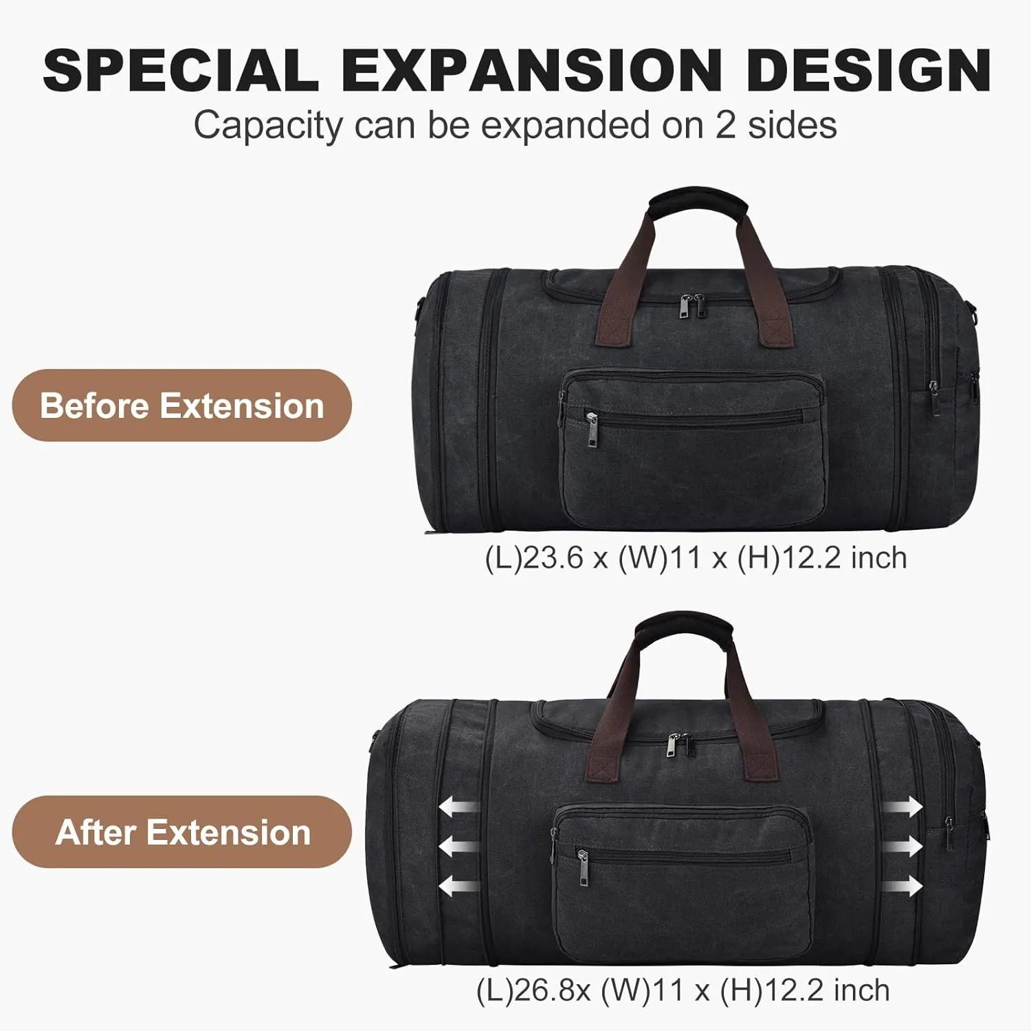 Felipe Varela Duffle Bag for Men, Canvas Expandable Duffel Bag for Travel, Mens Carry On Luggage Bag Traveling Weekender Gym Overnight Duffel Bags for Airplanes, Black