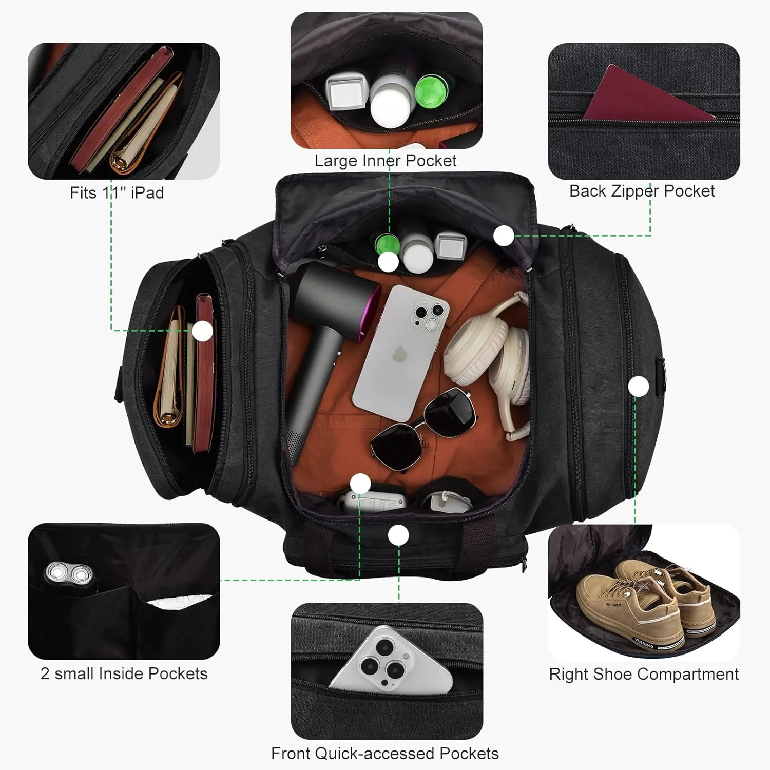 Felipe Varela Duffle Bag for Men, Canvas Expandable Duffel Bag for Travel, Mens Carry On Luggage Bag Traveling Weekender Gym Overnight Duffel Bags for Airplanes, Black