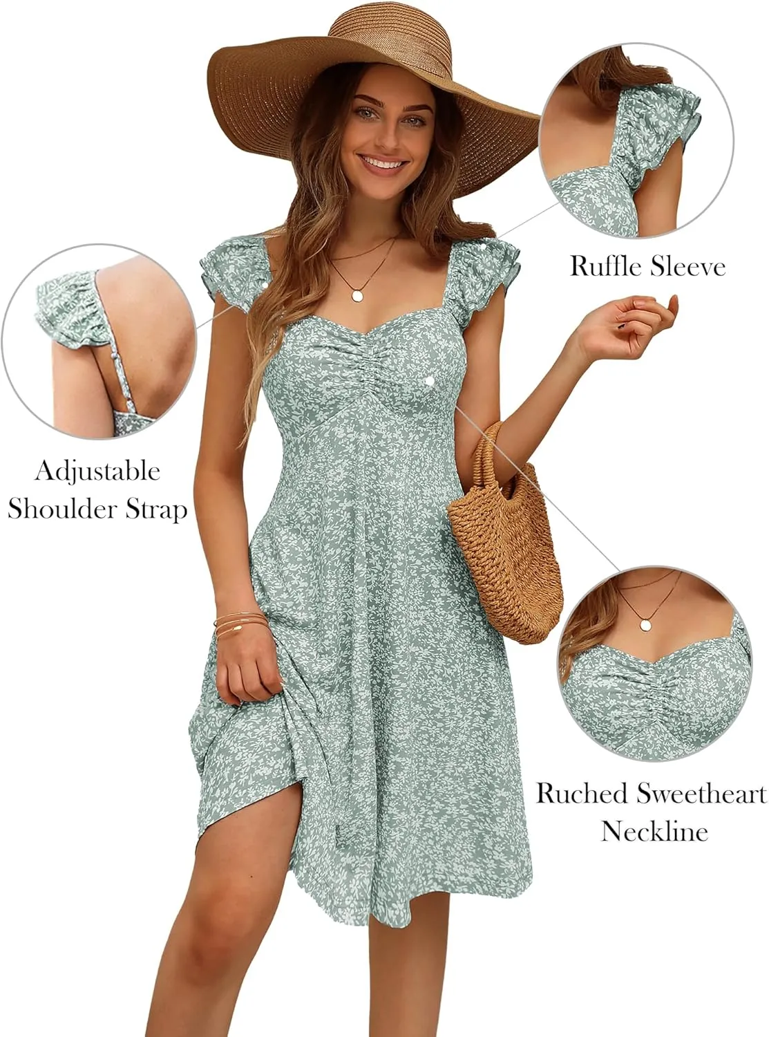 FENSACE Summer Cute Sweetheart Neckline Sundresses Ruffle Sleeve Floral Knee Length Dress