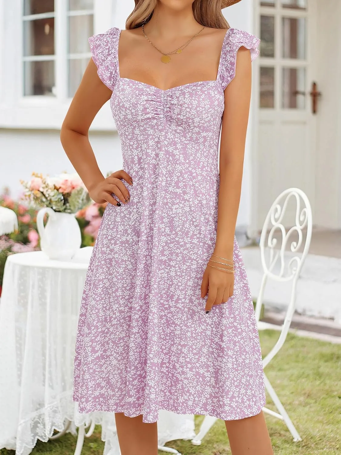 FENSACE Summer Cute Sweetheart Neckline Sundresses Ruffle Sleeve Floral Knee Length Dress