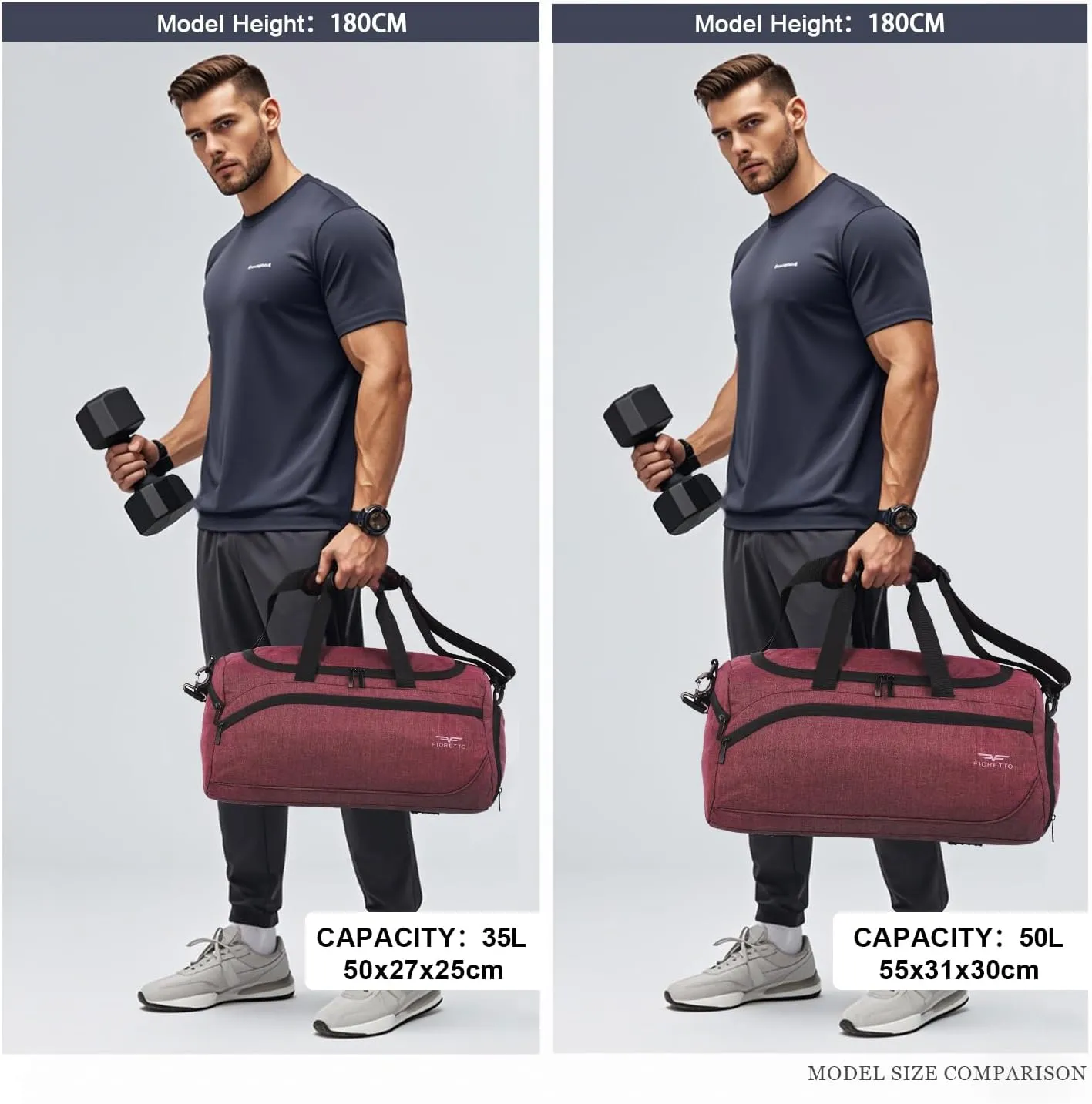FIORETTO 50L Mens Sports Gym Bag with Wet Pocket & Shoe Compartment,Travel Duffle Bag Overnight Bag with Padded Shoulder Strap, Sports Holdall for Swimming, Basketball Red