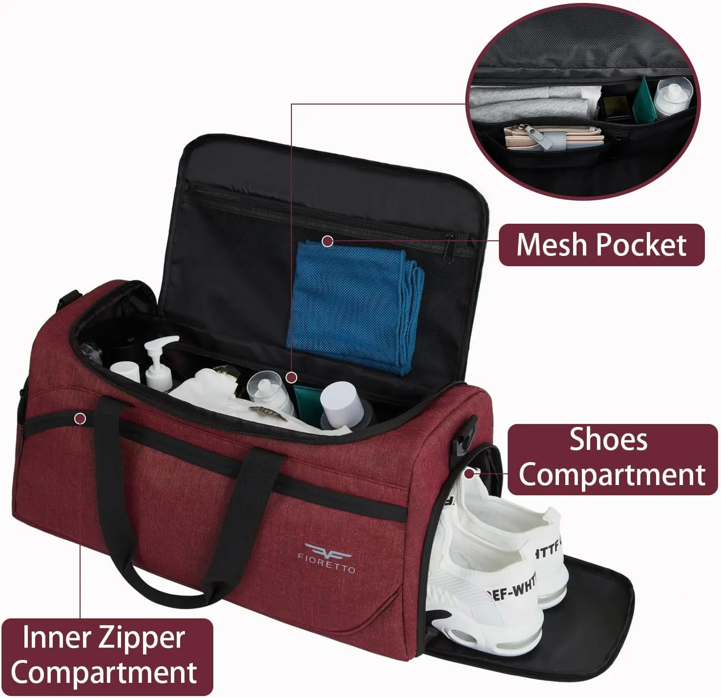 FIORETTO 50L Mens Sports Gym Bag with Wet Pocket & Shoe Compartment,Travel Duffle Bag Overnight Bag with Padded Shoulder Strap, Sports Holdall for Swimming, Basketball Red