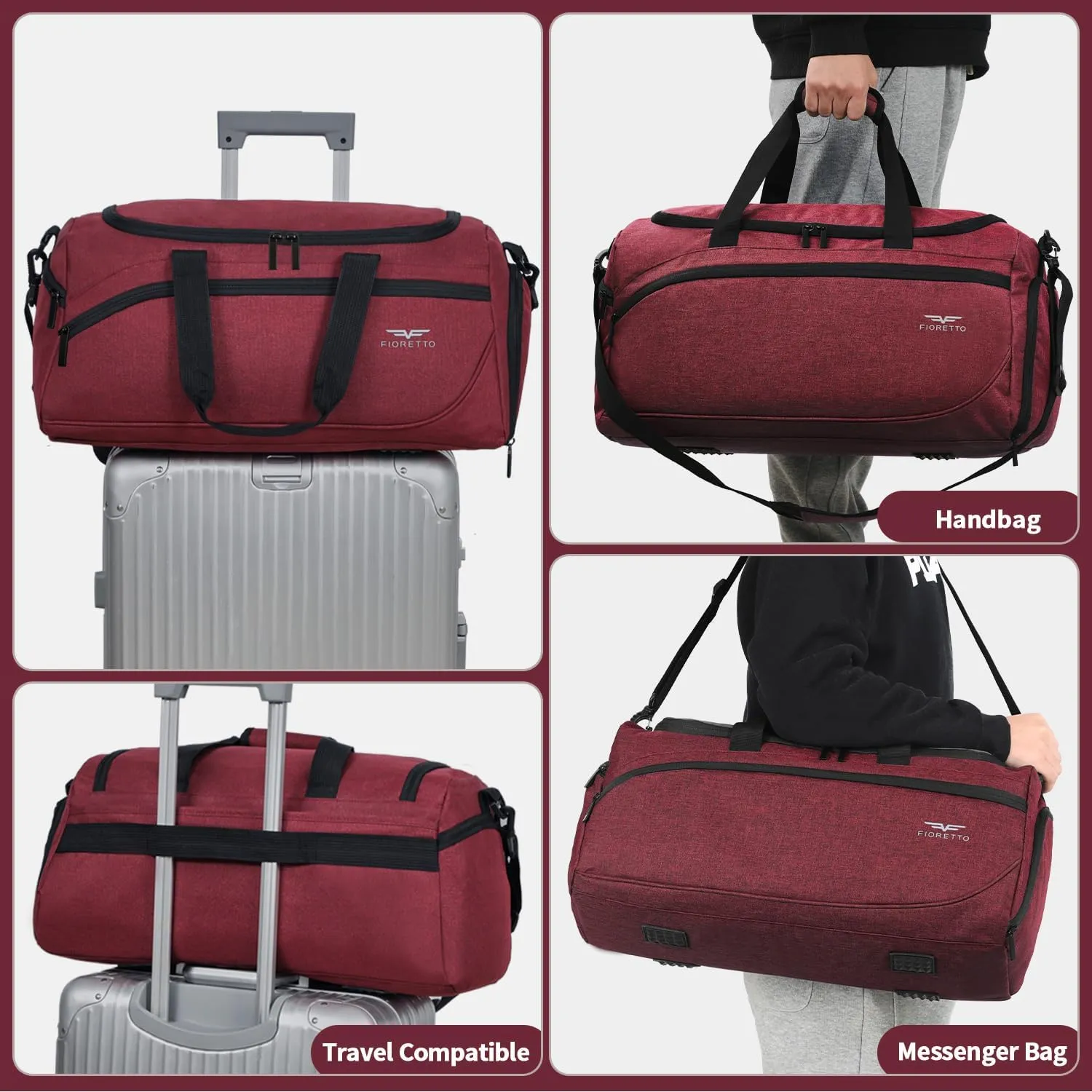 FIORETTO 50L Mens Sports Gym Bag with Wet Pocket & Shoe Compartment,Travel Duffle Bag Overnight Bag with Padded Shoulder Strap, Sports Holdall for Swimming, Basketball Red