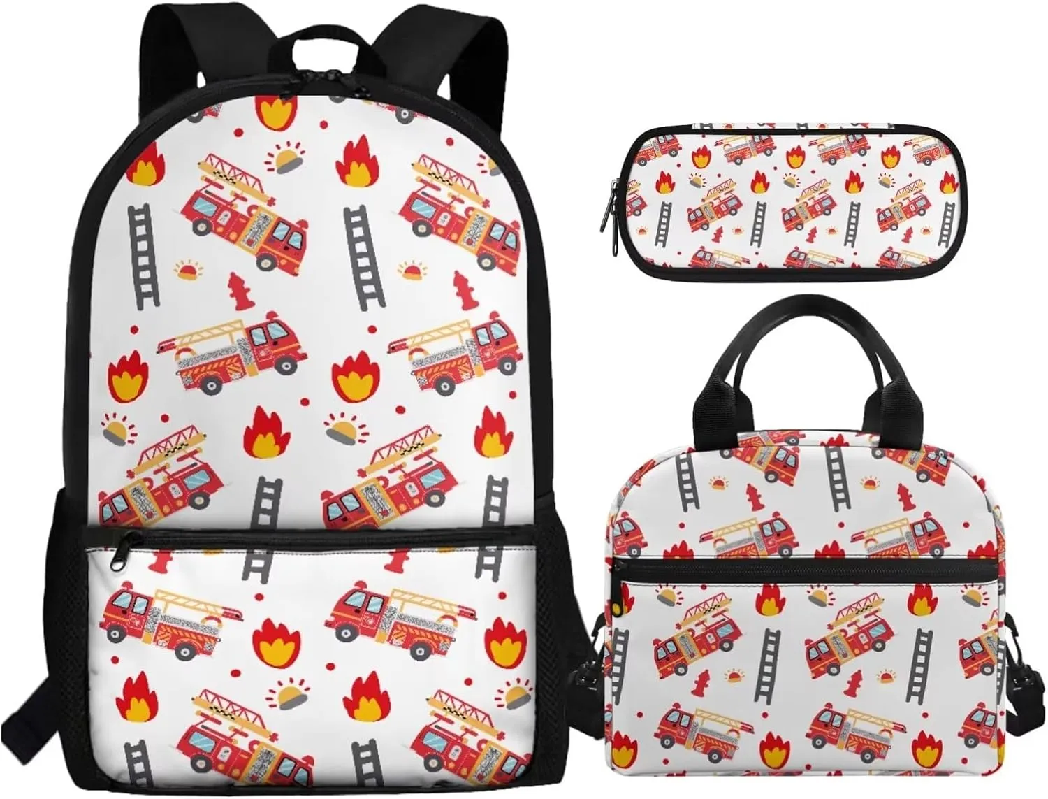 Fire Engine Kids School Bag Set for Boys Ages 6-8 School Backpack Set with Lunch Box Pencil Case Kindergarten Large Bookbags Student Hiking Camping Backpacks Travel Duffel Bag Daypacks