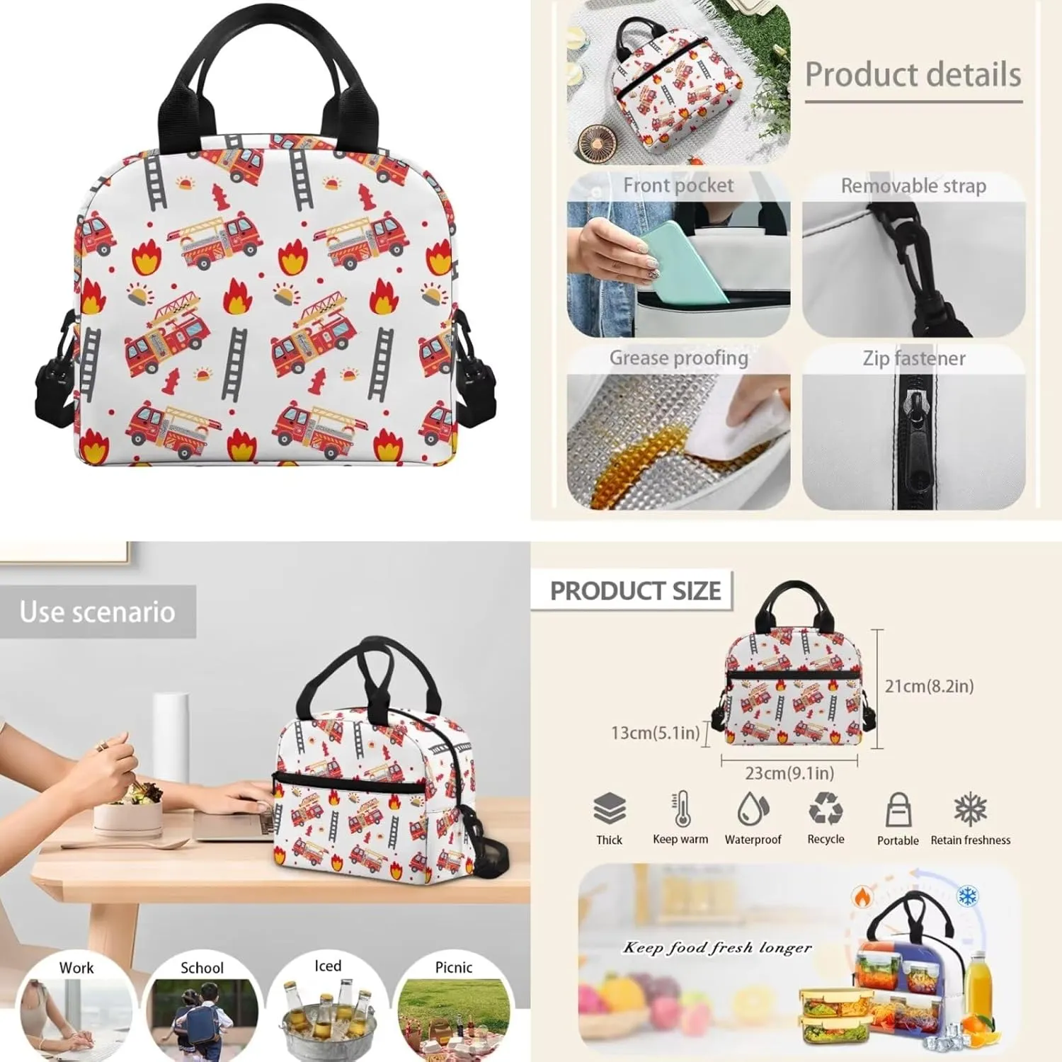 Fire Engine Kids School Bag Set for Boys Ages 6-8 School Backpack Set with Lunch Box Pencil Case Kindergarten Large Bookbags Student Hiking Camping Backpacks Travel Duffel Bag Daypacks