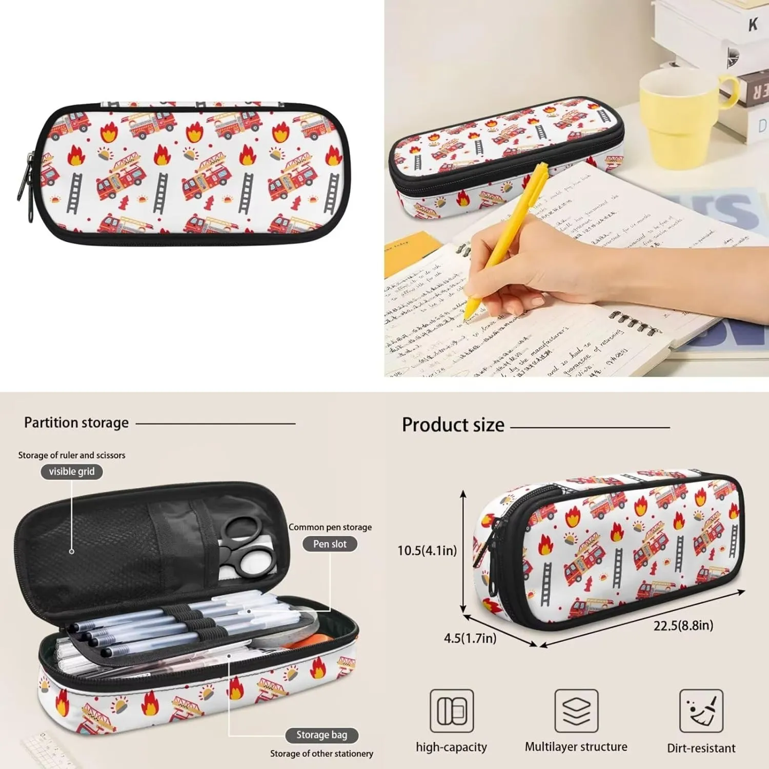 Fire Engine Kids School Bag Set for Boys Ages 6-8 School Backpack Set with Lunch Box Pencil Case Kindergarten Large Bookbags Student Hiking Camping Backpacks Travel Duffel Bag Daypacks