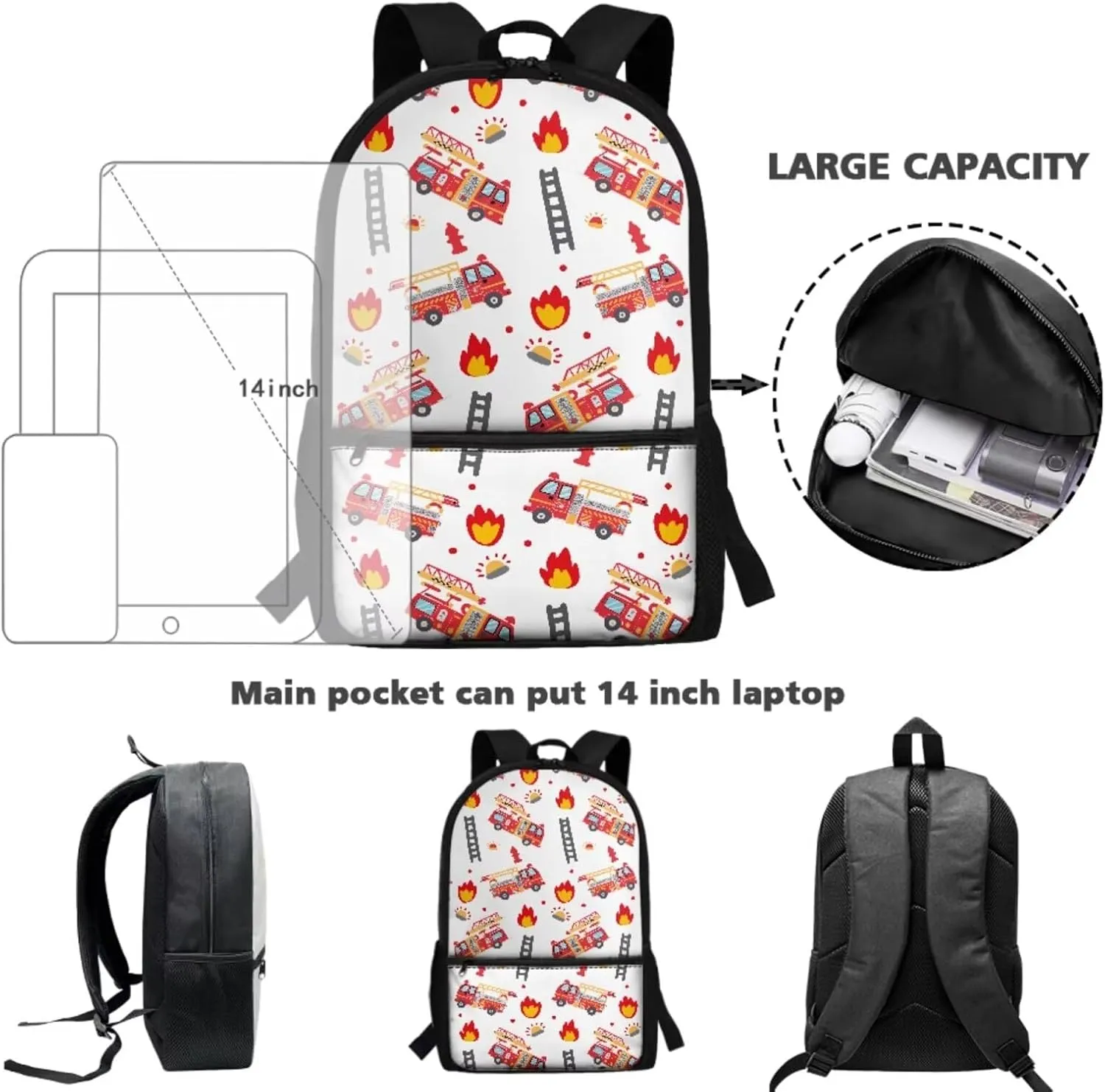 Fire Engine Kids School Bag Set for Boys Ages 6-8 School Backpack Set with Lunch Box Pencil Case Kindergarten Large Bookbags Student Hiking Camping Backpacks Travel Duffel Bag Daypacks