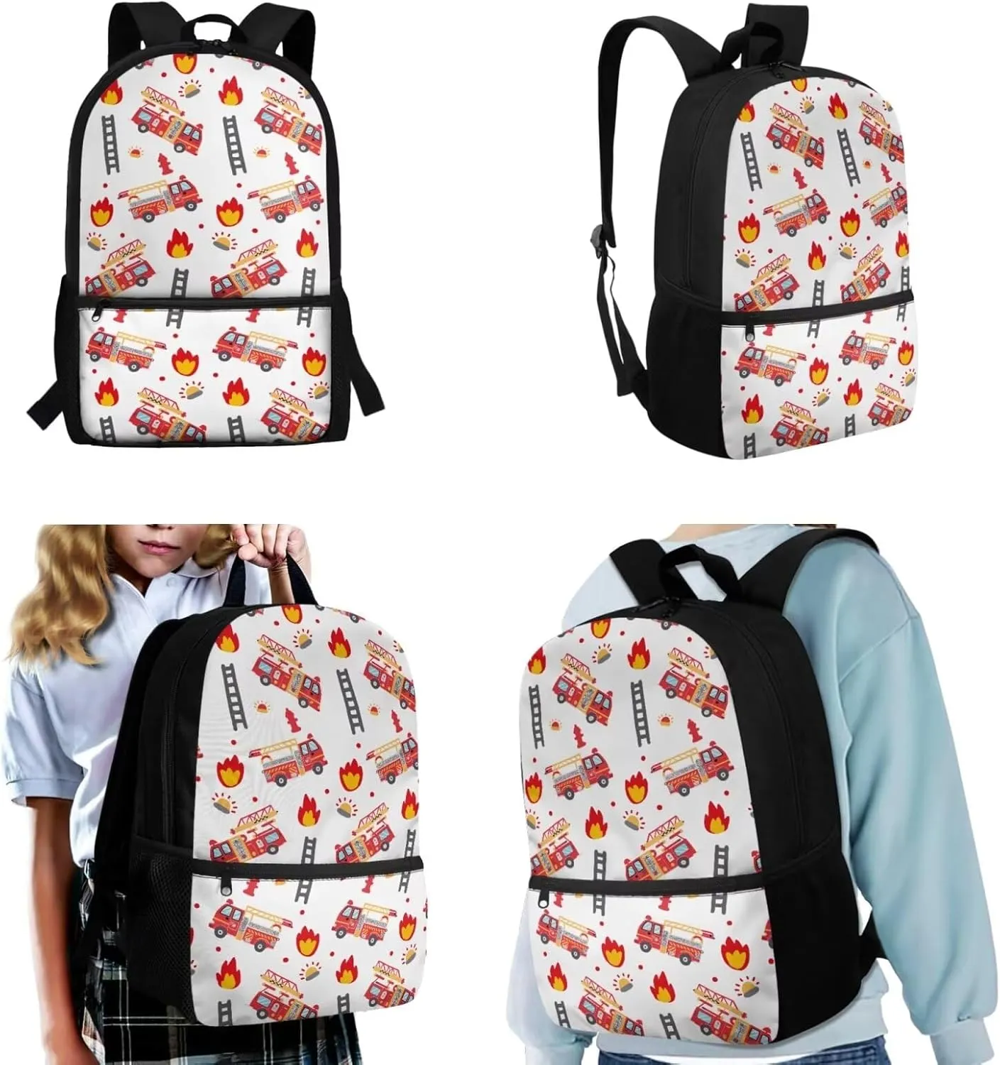 Fire Engine Kids School Bag Set for Boys Ages 6-8 School Backpack Set with Lunch Box Pencil Case Kindergarten Large Bookbags Student Hiking Camping Backpacks Travel Duffel Bag Daypacks