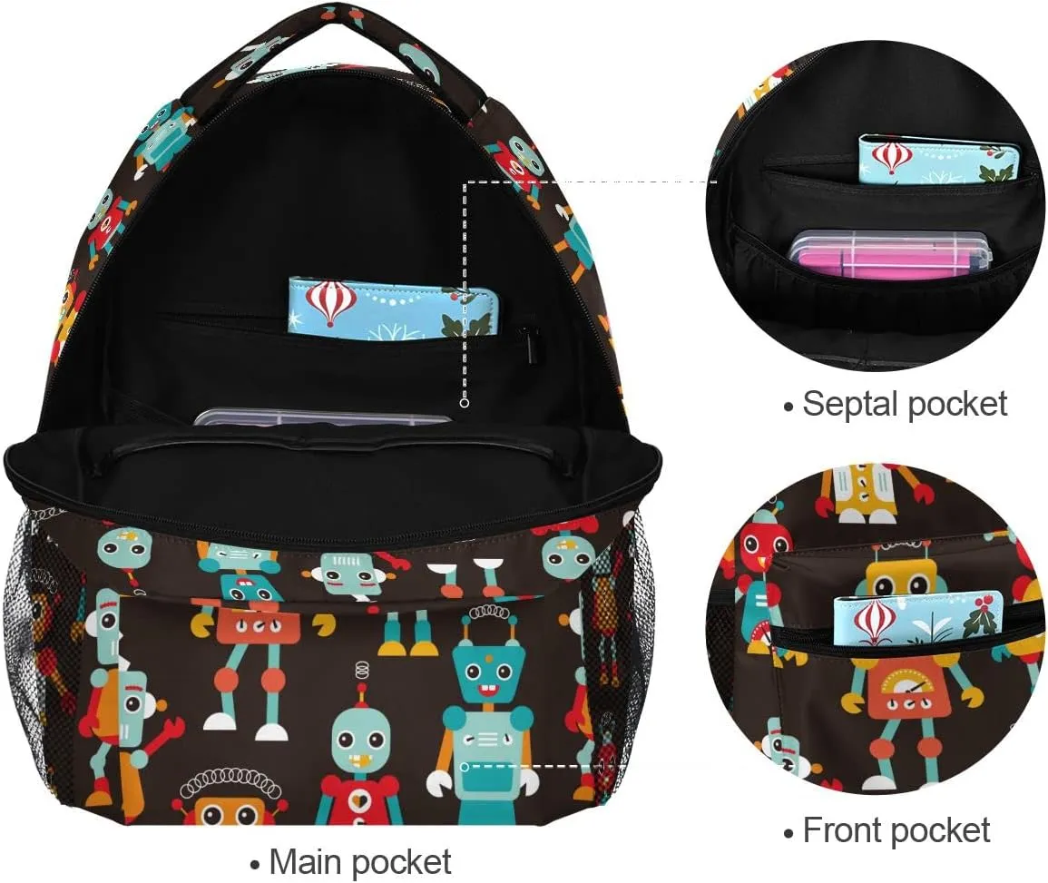 Fisyme Cartoon Cute Robots Backpack Laptop Bag Daypack Travel Hiking School Backpacks for Men Women Kids Girls Boys