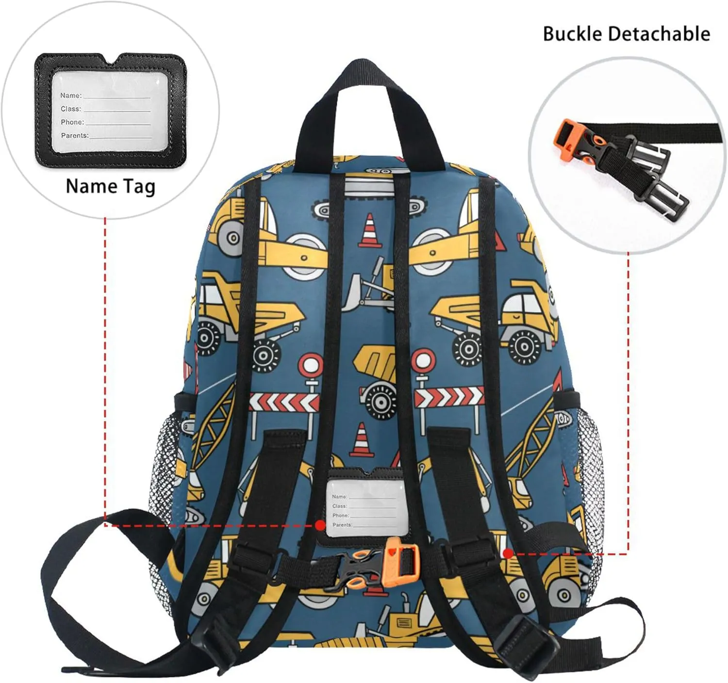 Fisyme Custom Toddler Backpack Construction Cars Blue School Bag Kids Daypack for Kindergarten Preschool Nursery Girls Boys, S