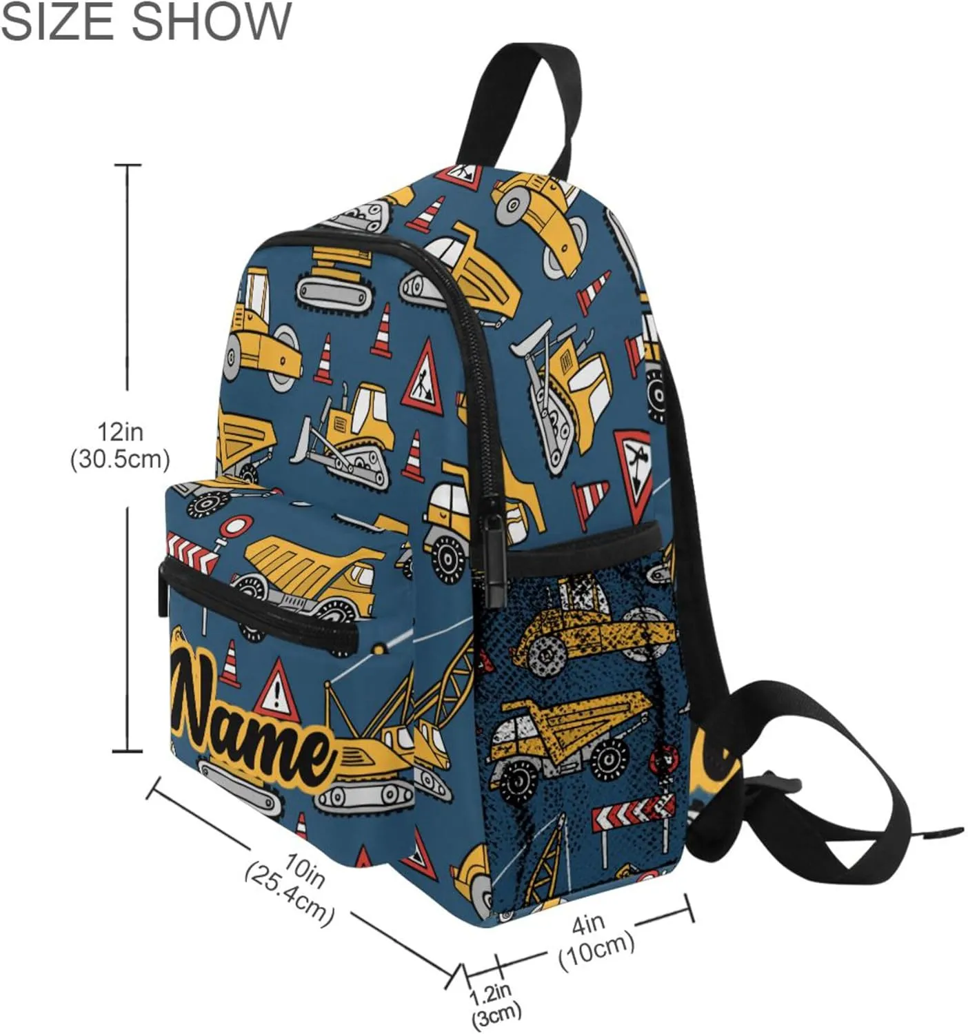 Fisyme Custom Toddler Backpack Construction Cars Blue School Bag Kids Daypack for Kindergarten Preschool Nursery Girls Boys, S