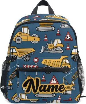Fisyme Custom Toddler Backpack Construction Cars Blue School Bag Kids Daypack for Kindergarten Preschool Nursery Girls Boys, S