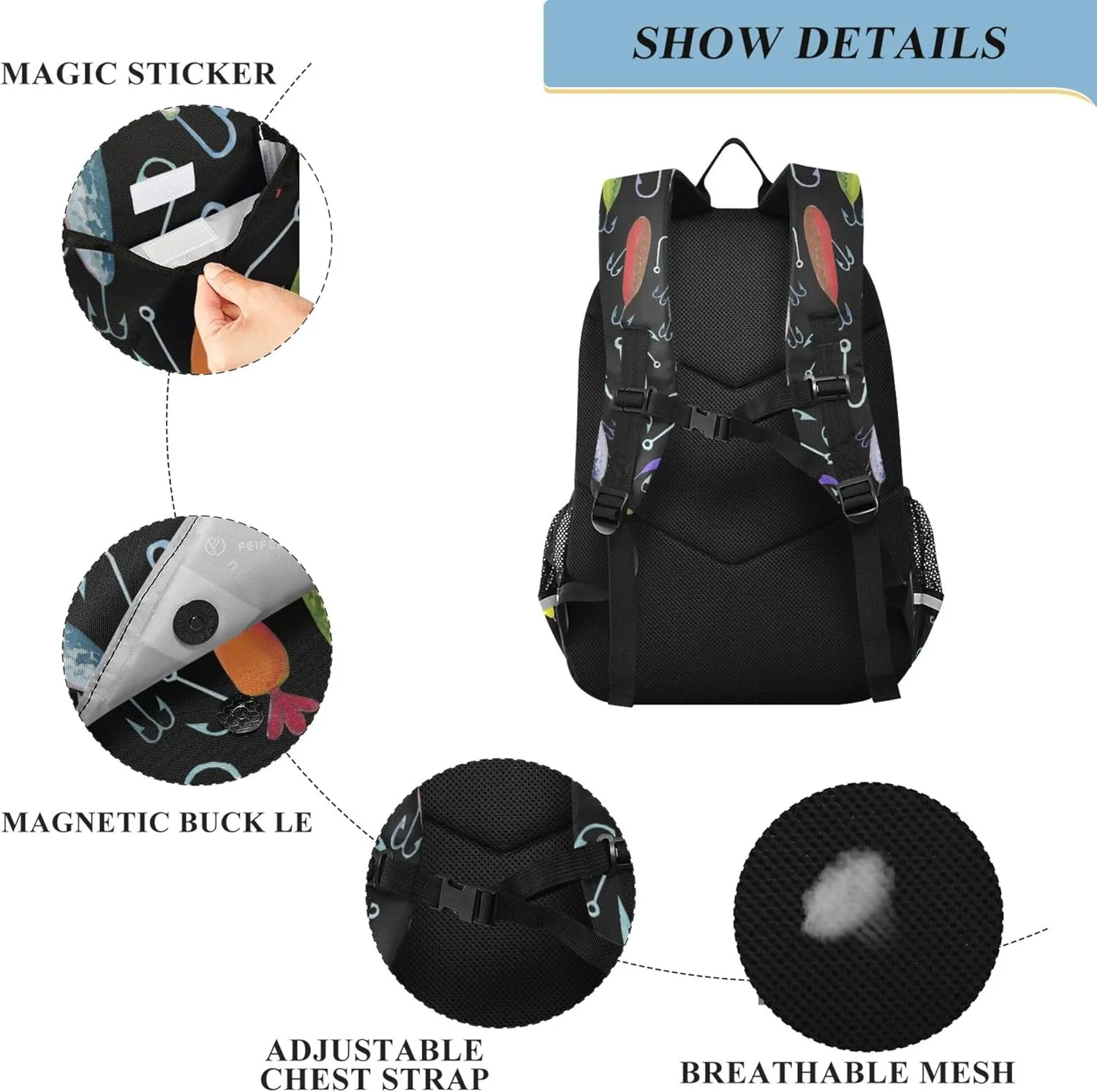 Fisyme Fishing Fish Hooks School Backpack Laptop Backpack Bags Bookbag Travel Casual Computer Notebooks Daypack