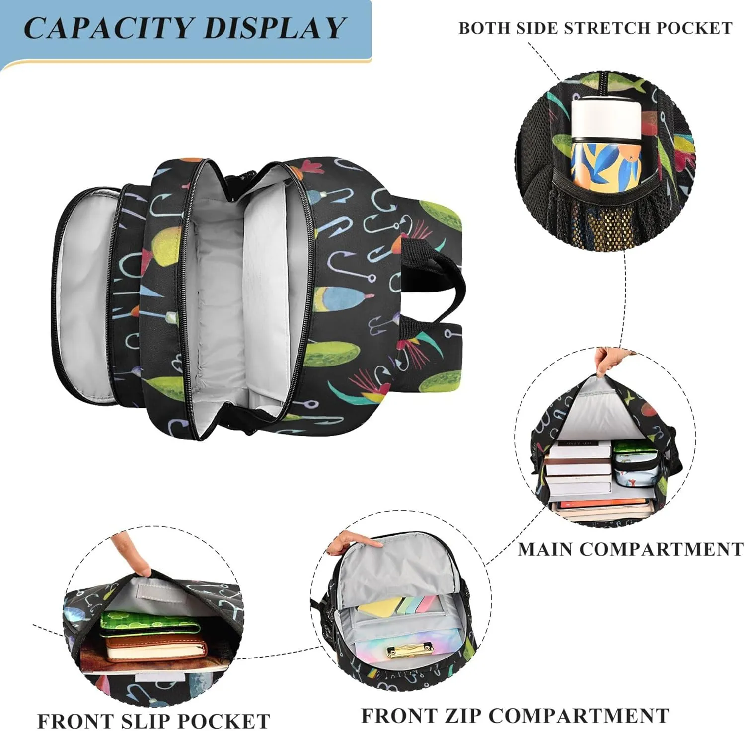 Fisyme Fishing Fish Hooks School Backpack Laptop Backpack Bags Bookbag Travel Casual Computer Notebooks Daypack