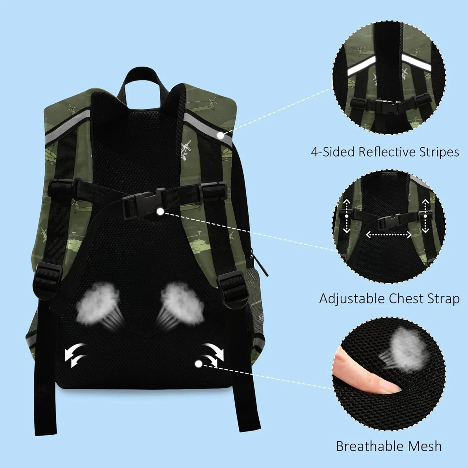 Fisyme Helicopters Green Backpack Schoolbag Kids Daypack Toddler Travel School Bag Small Backpacks for Kindergarten Preschool Nursery Boys Girl
