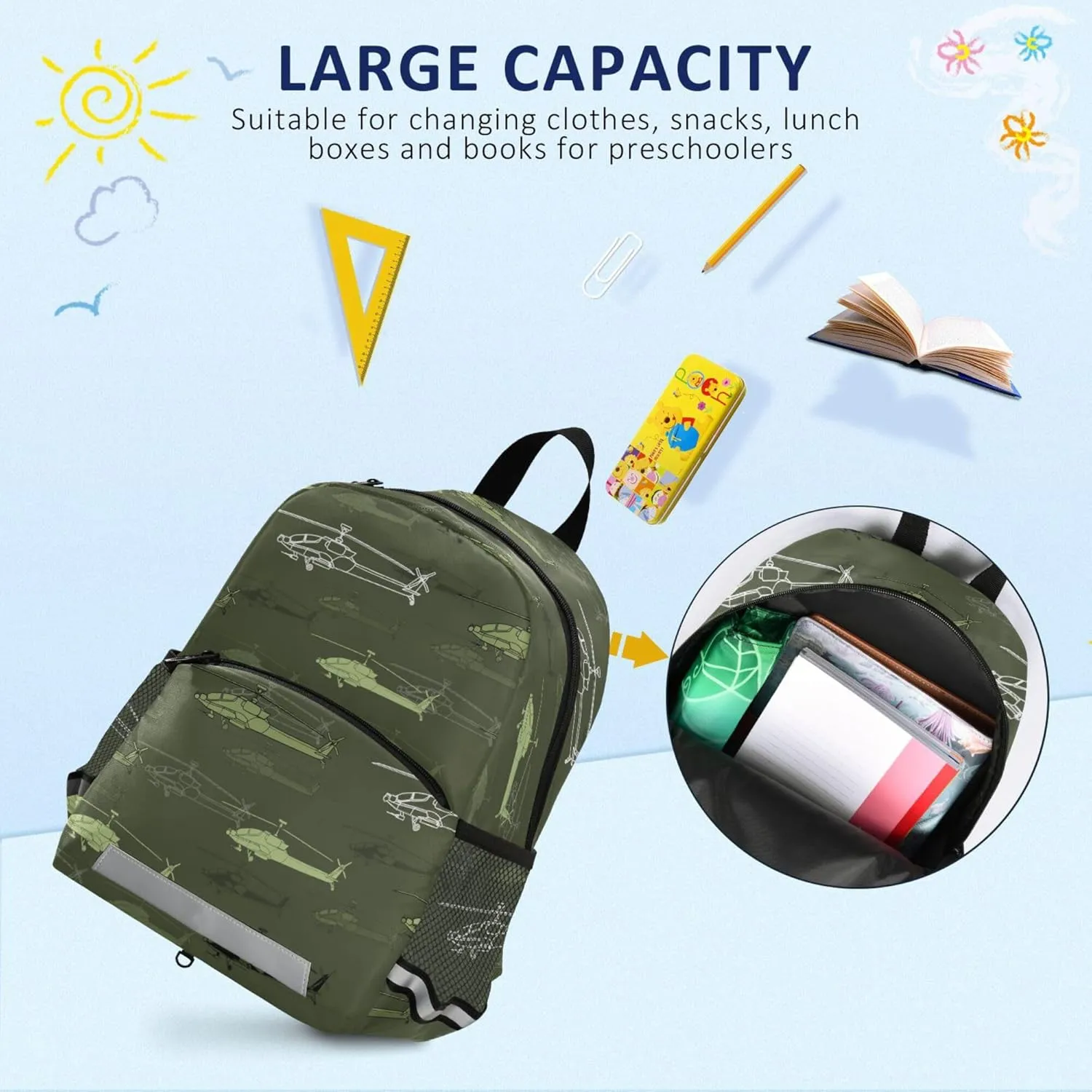 Fisyme Helicopters Green Backpack Schoolbag Kids Daypack Toddler Travel School Bag Small Backpacks for Kindergarten Preschool Nursery Boys Girl