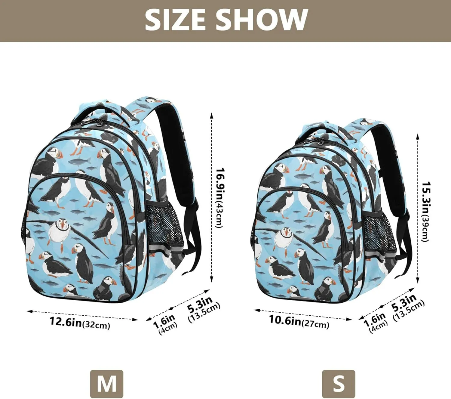 Fisyme Puffins Birds Backpack Laptop Back Pack Daycare Bag Bookbag Travel School Backpacks Medium