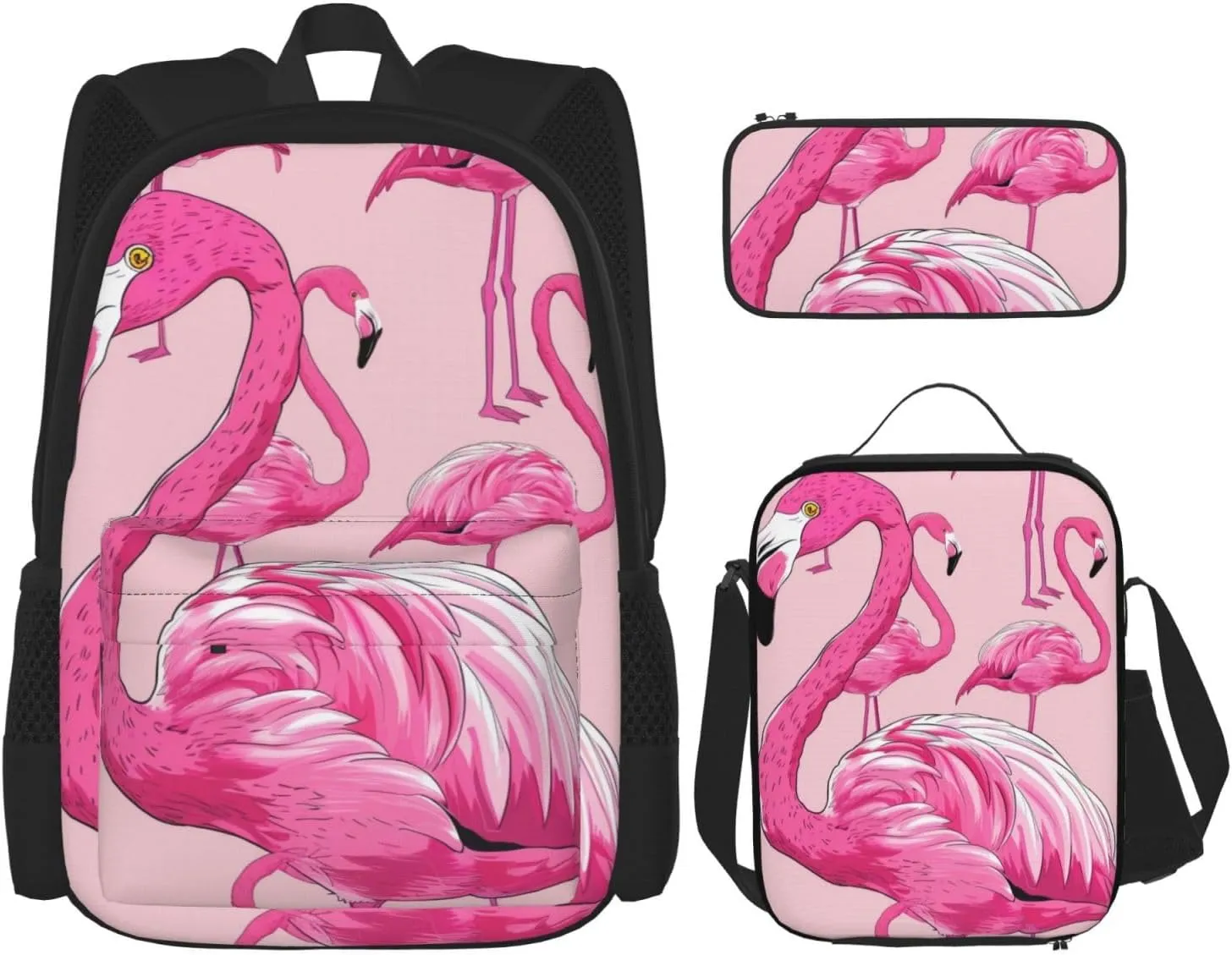 Flaming Printed Backpack, Set of 3, Laptop Bookbag with Insulated Lunch Bag and Pencil Case for School, Travel, Work, Black, One Size, black, Einheitsgröße