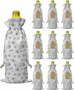 Flax Wine Bags Set of 10, Spring Summer Camellia Flowers Floral Minimalist Pastoral Grey Bottle Bags With Drawstrings Tags Reusable Wine Bottle Covers for Wedding Birthday Travel