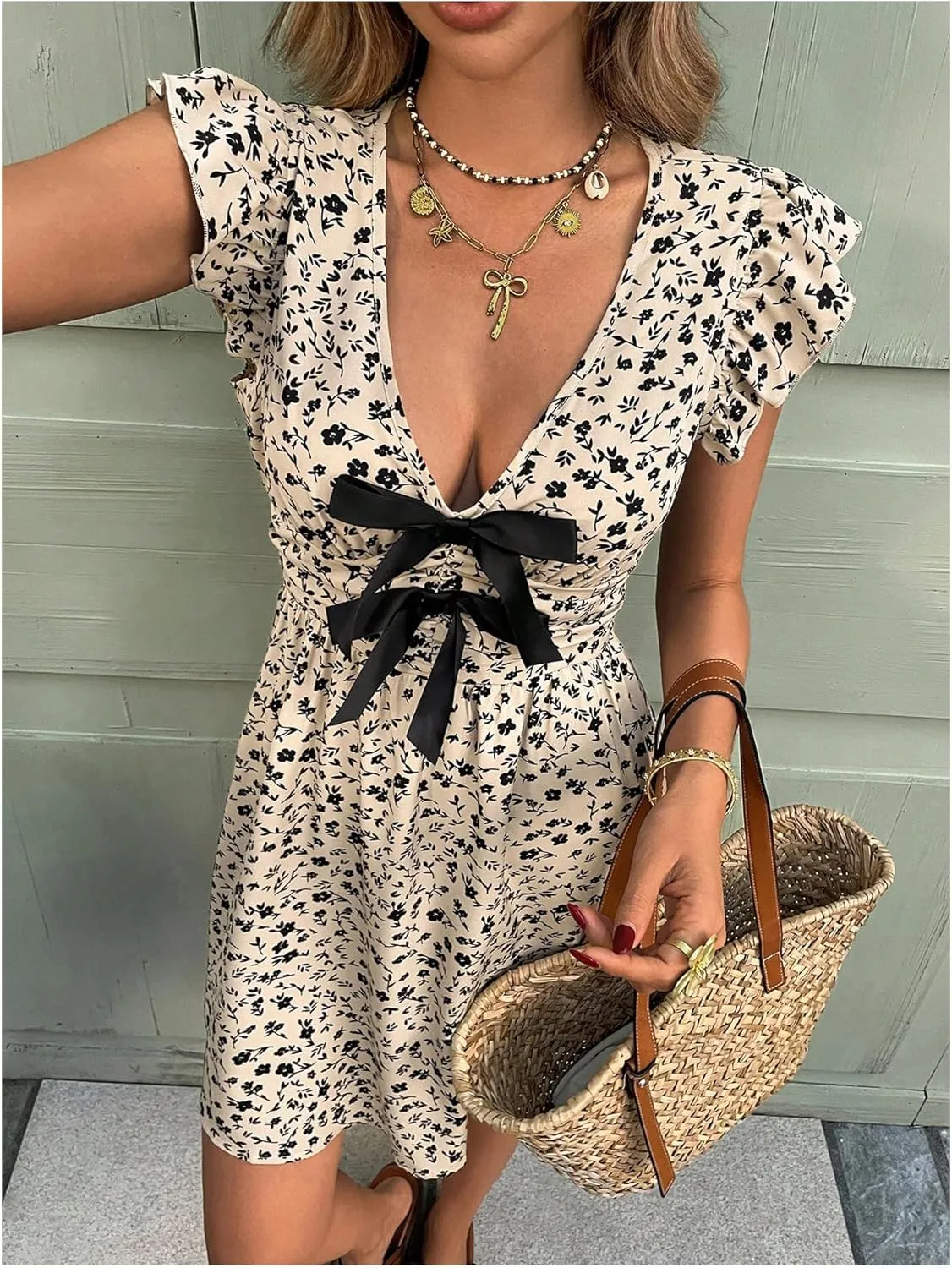 Floerns Women's Floral V Neck Ruffle Cap Sleeve Bow Dress Elegant A Line Short Dresses