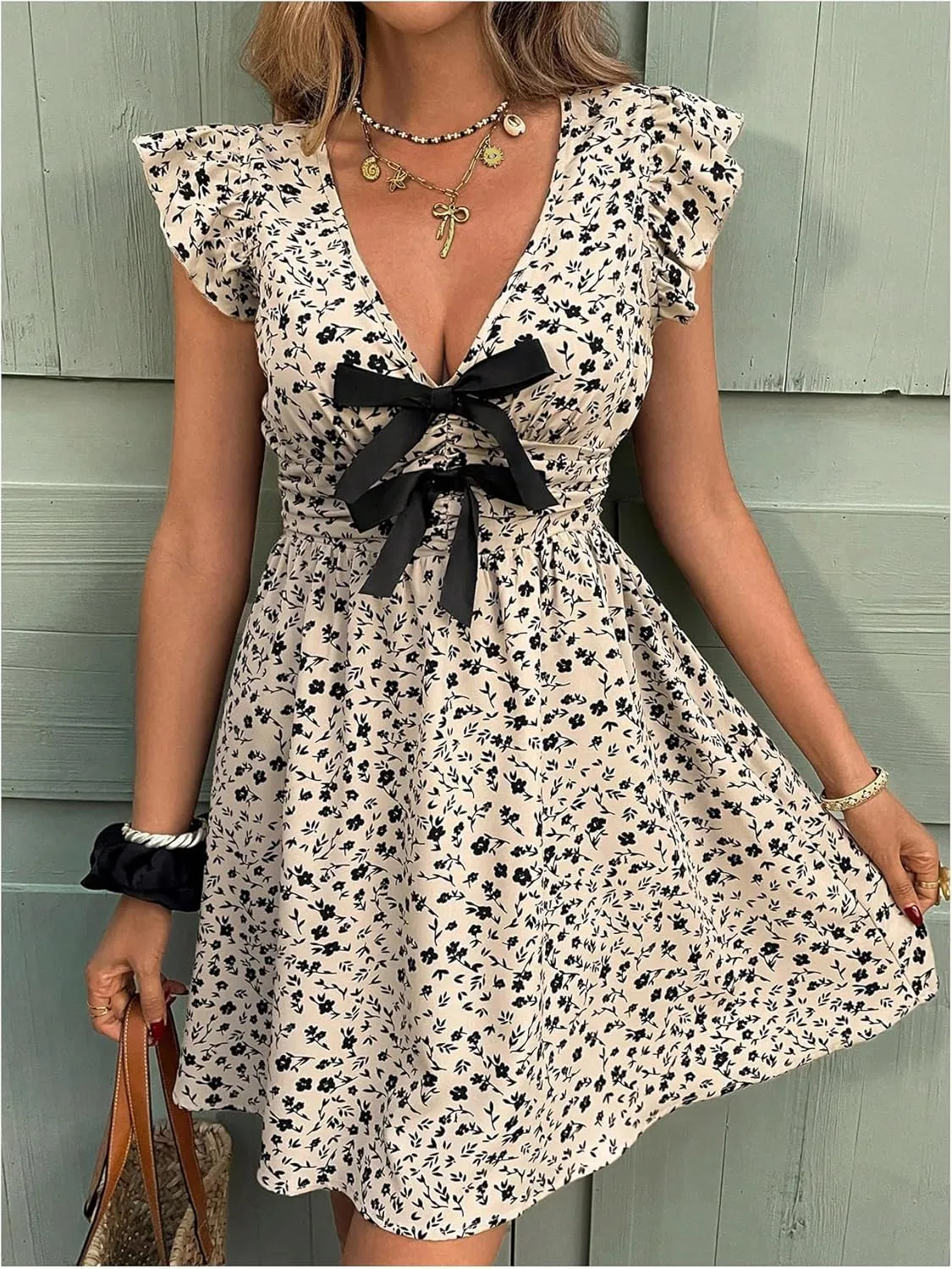 Floerns Women's Floral V Neck Ruffle Cap Sleeve Bow Dress Elegant A Line Short Dresses
